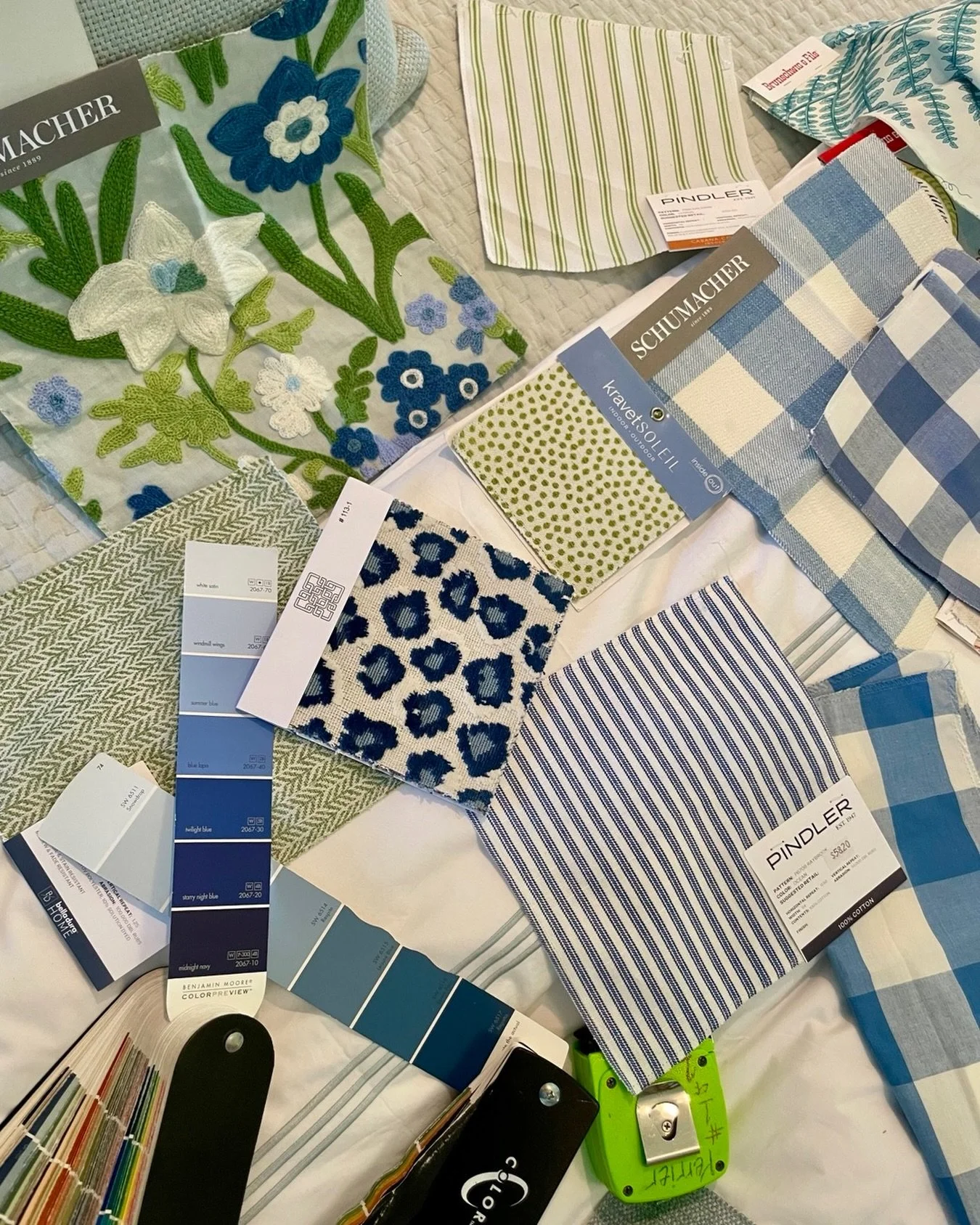 So close we can feel install day ✨
This farmhouse project has been in the works for a while, and seeing the fabric selections and paint palette laid out like this makes it all feel real. Soft blues, layered greens, classic stripes, and just the right