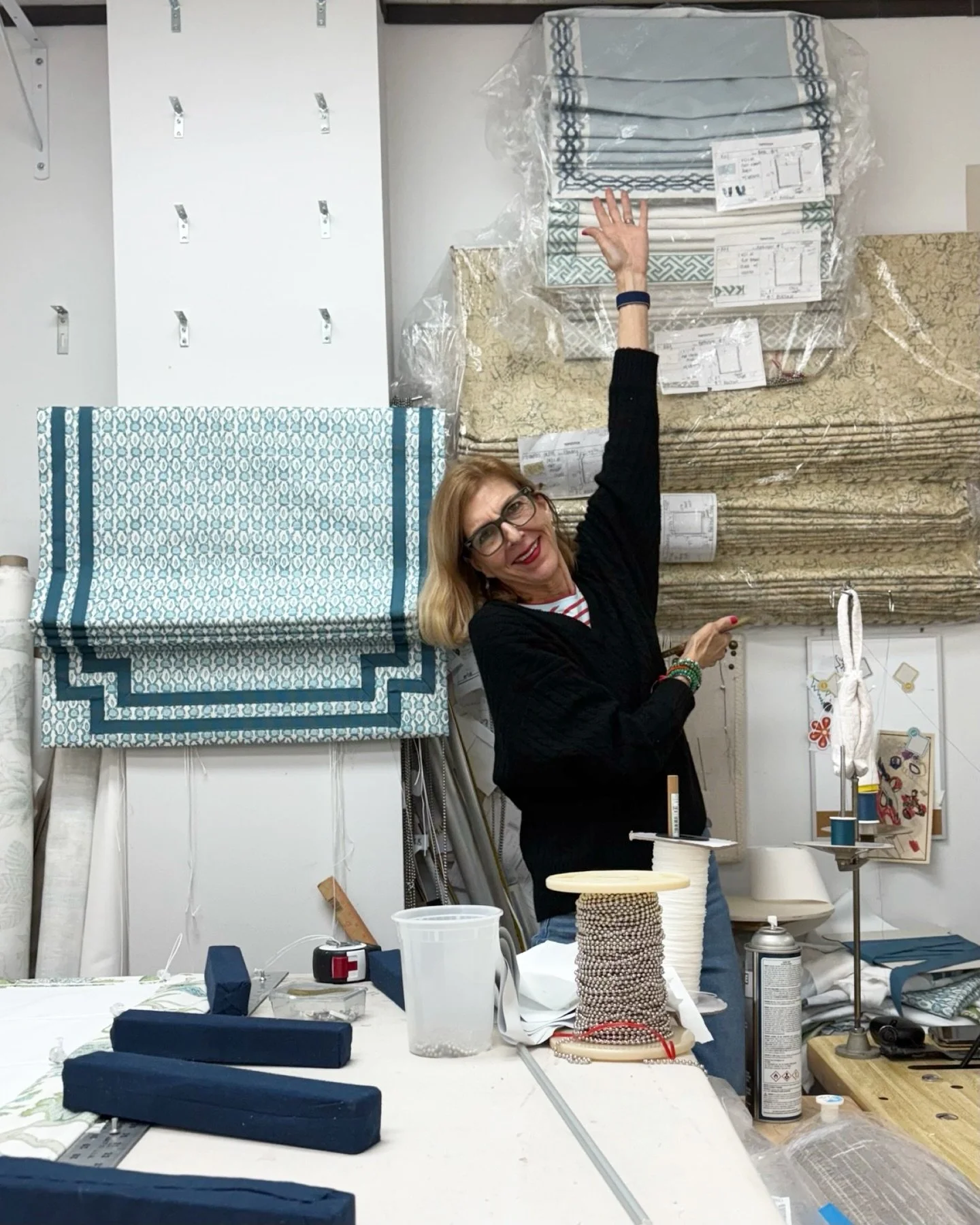 So exciting seeing shades that have been in the work for months finally come to life in the workroom! Next stop: install day! #customshades #interiordesign #customdraperyworkroom