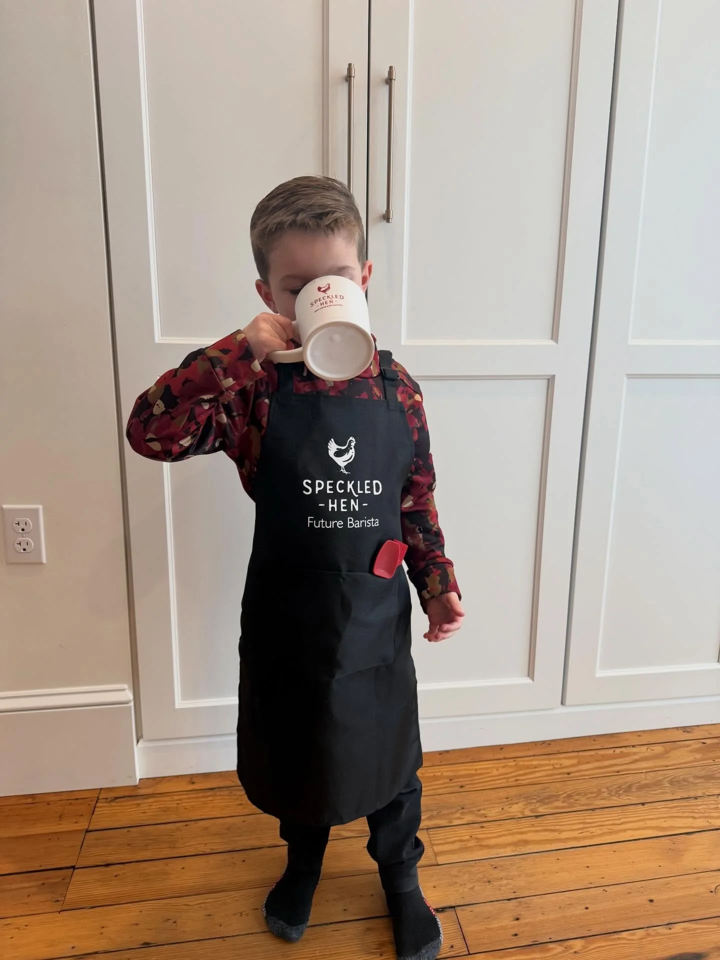 One of our favorite things about the cafe is the amazing families that stop in to visit and enjoy our family friendly dining. If Speckled Hen is one of your families favorite places to go you can purchase one of our new aprons for your littles to tak