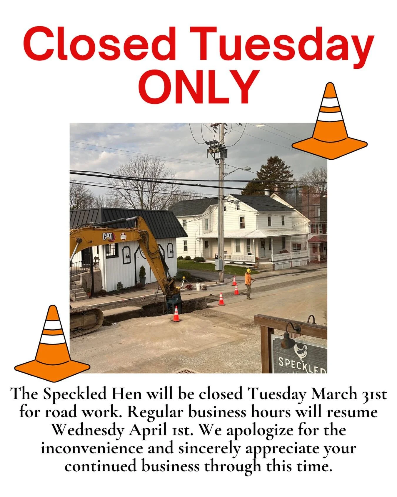 Tuesday March 31st we will be closed due to continued road work. This is the only day we foresee being closed and will resume regular business hours ☕️ Wednesday April 1st. Thank you for continuing to visit us through this time and we look forward to