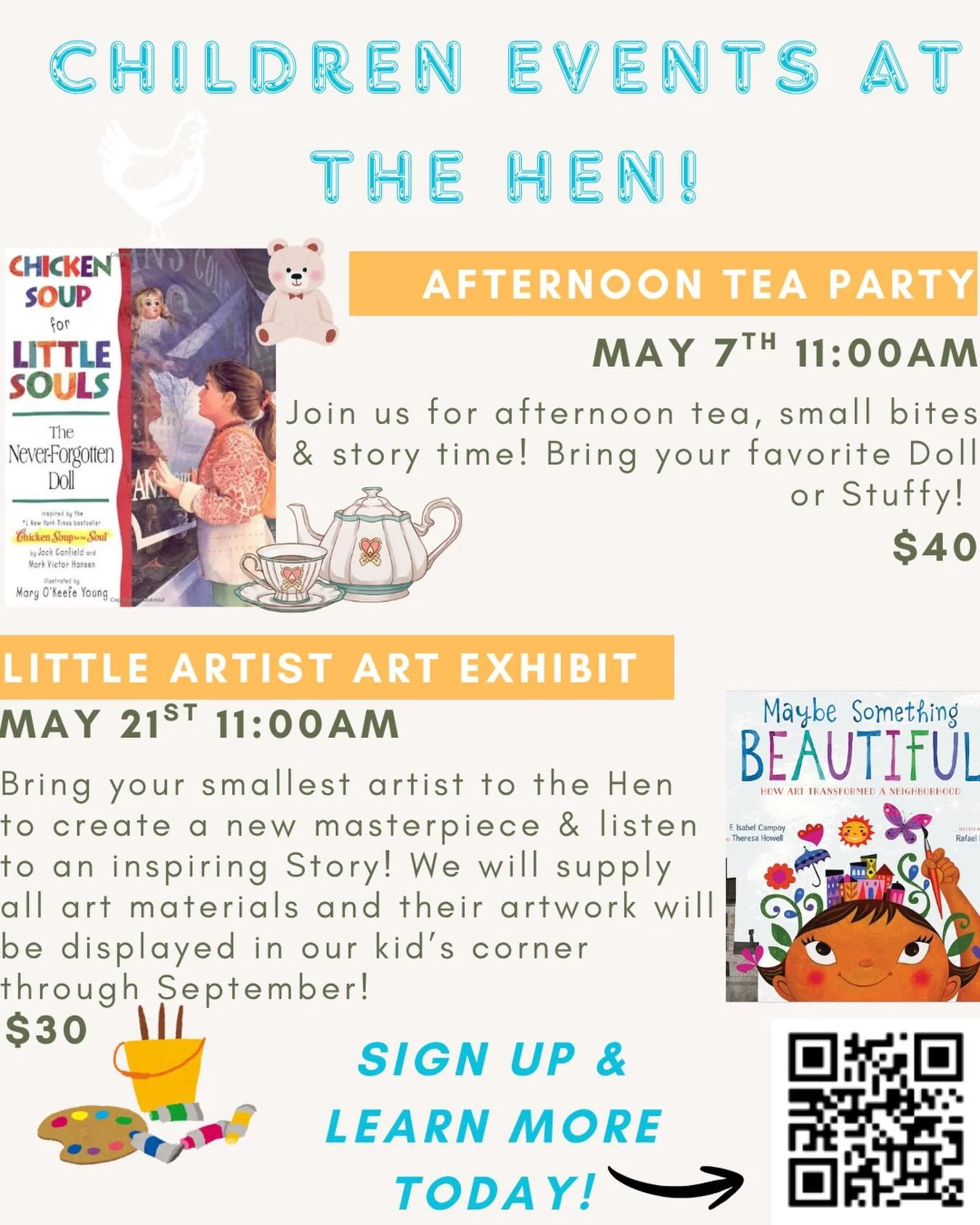 Our Tea Party Story time is next week Thursday May 5th at 11am! We&rsquo;ve updated the timing for our next two Story Time events and hope you&rsquo;ll be able to attend! 📚🫖🎨