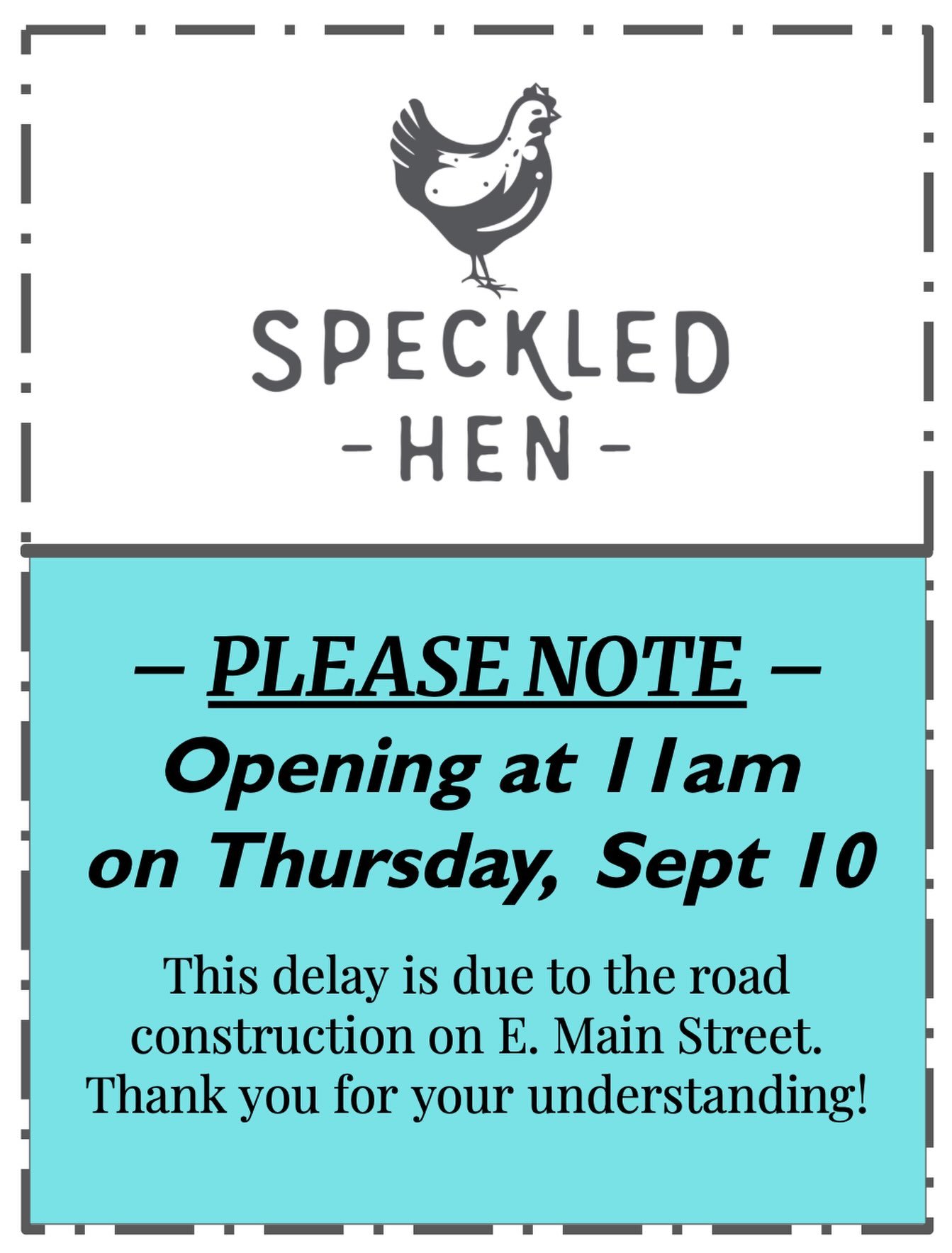 Opening at 11 AM on Thursday, September 10 due to road construction work!! 🚧  Beautiful new roads coming soon in Strasburg.