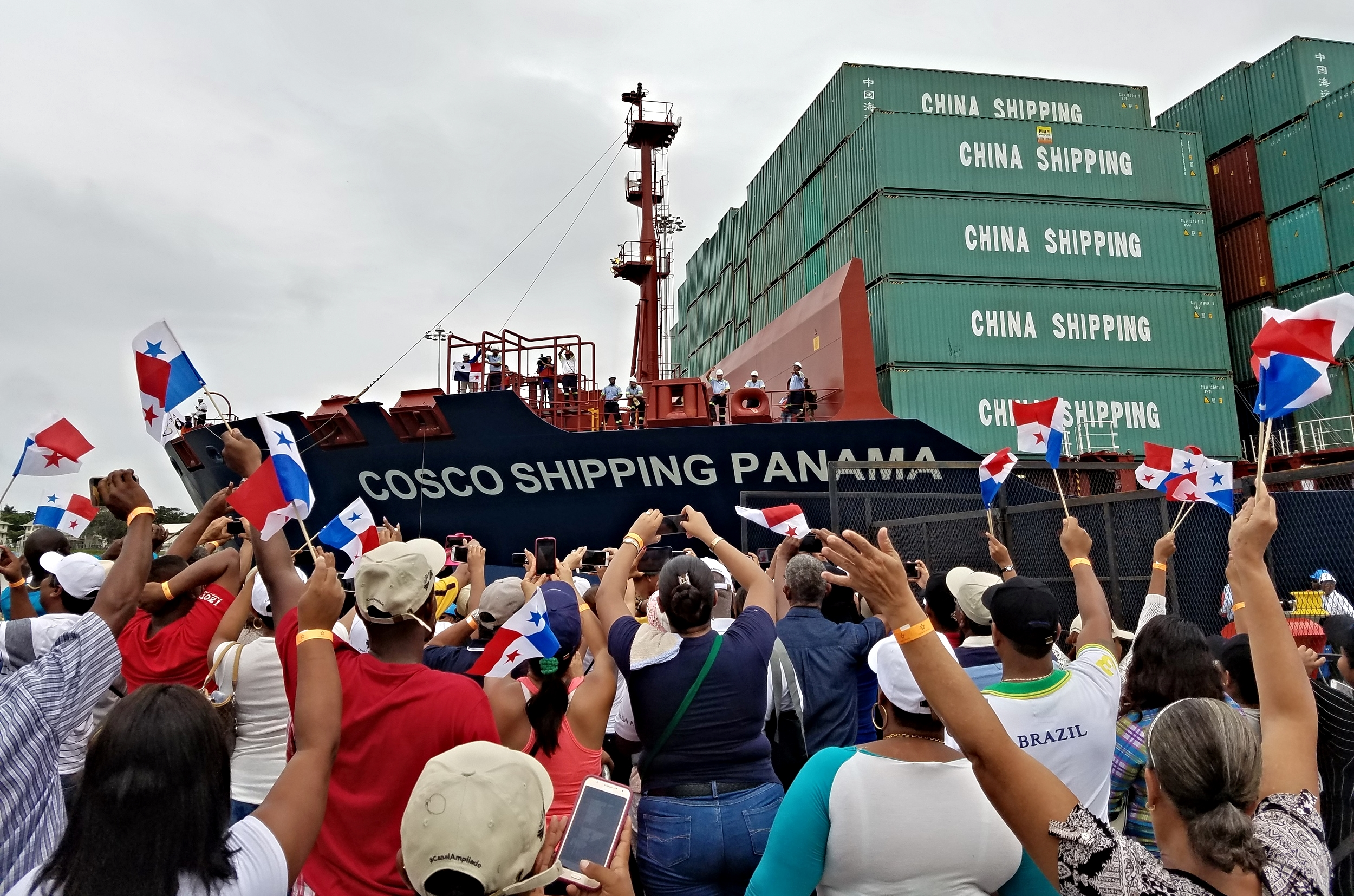 The Cosco Shipping Panama makes the first official transit through the expanded Panama Canal lock system. Photo by Samuel Steinberger.