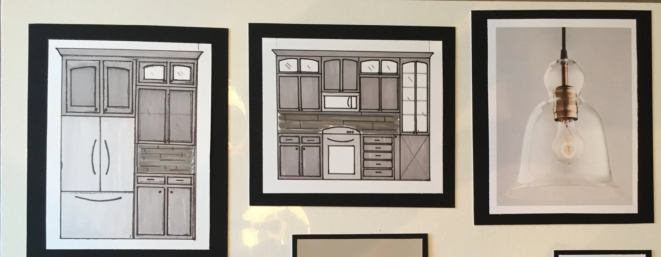 One of our presentation boards includes hand drawn and watercolored renderings of the kitchen. 