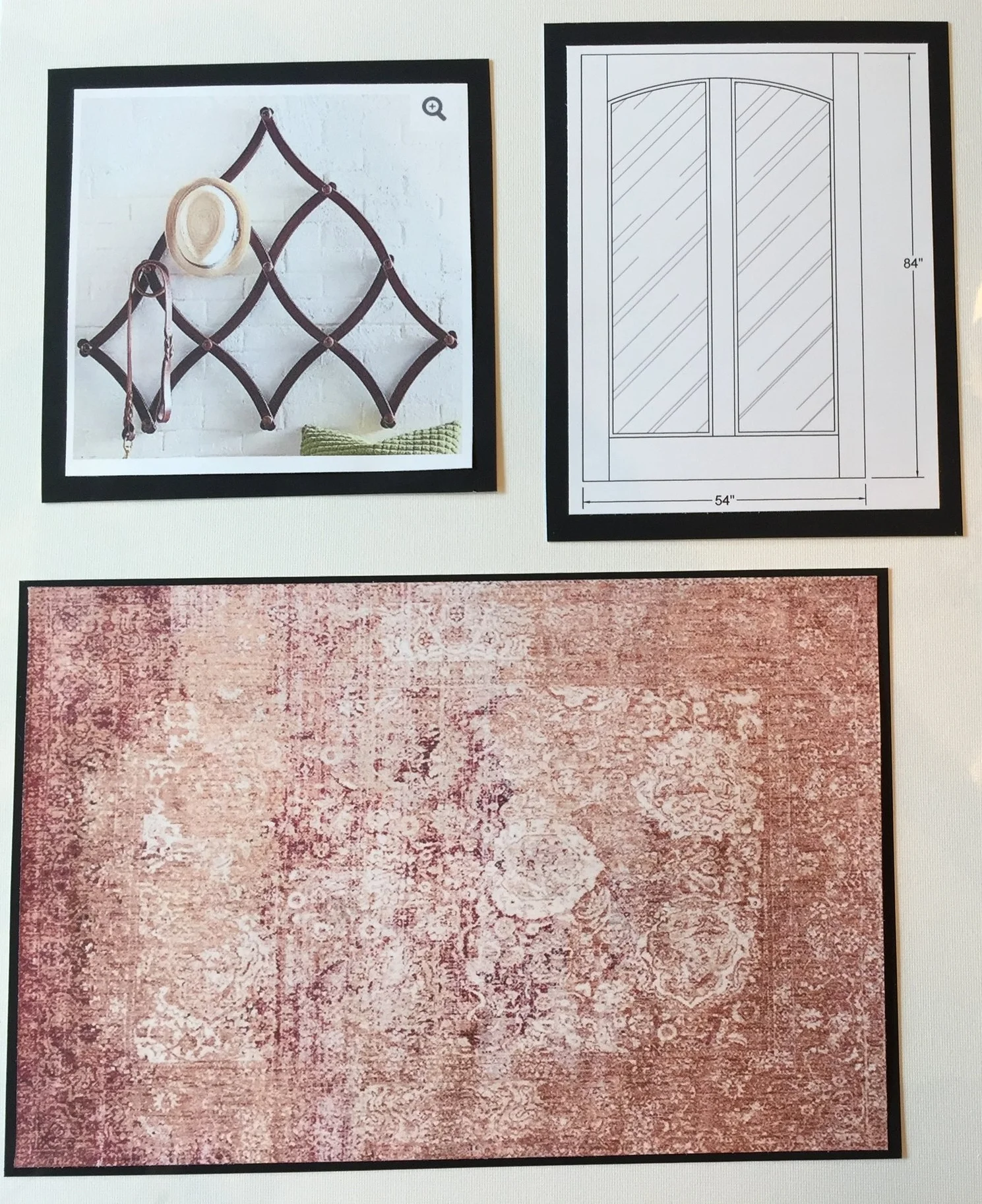 This board is a presentation of the foyer and includes a rendering for the custom track door for the master bedroom and bathroom. 