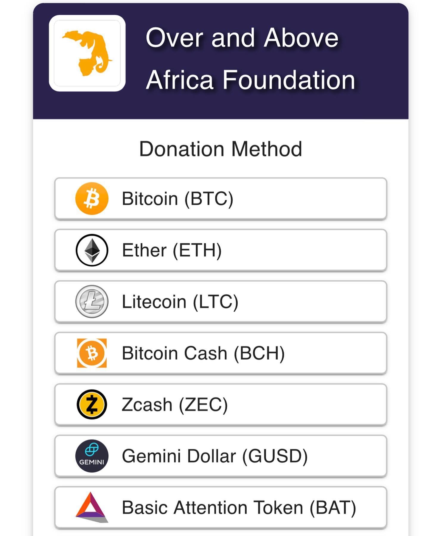 We are now welcoming #cryptocurrency!  Make your tax deductible donation to us at OverAndAboveAfrica.com/donate - and choose your #crypto of choice from #ethereum to #bitcoin #zcash #litecoin #gemeni - protect vulnerable wildlife from becoming extinc