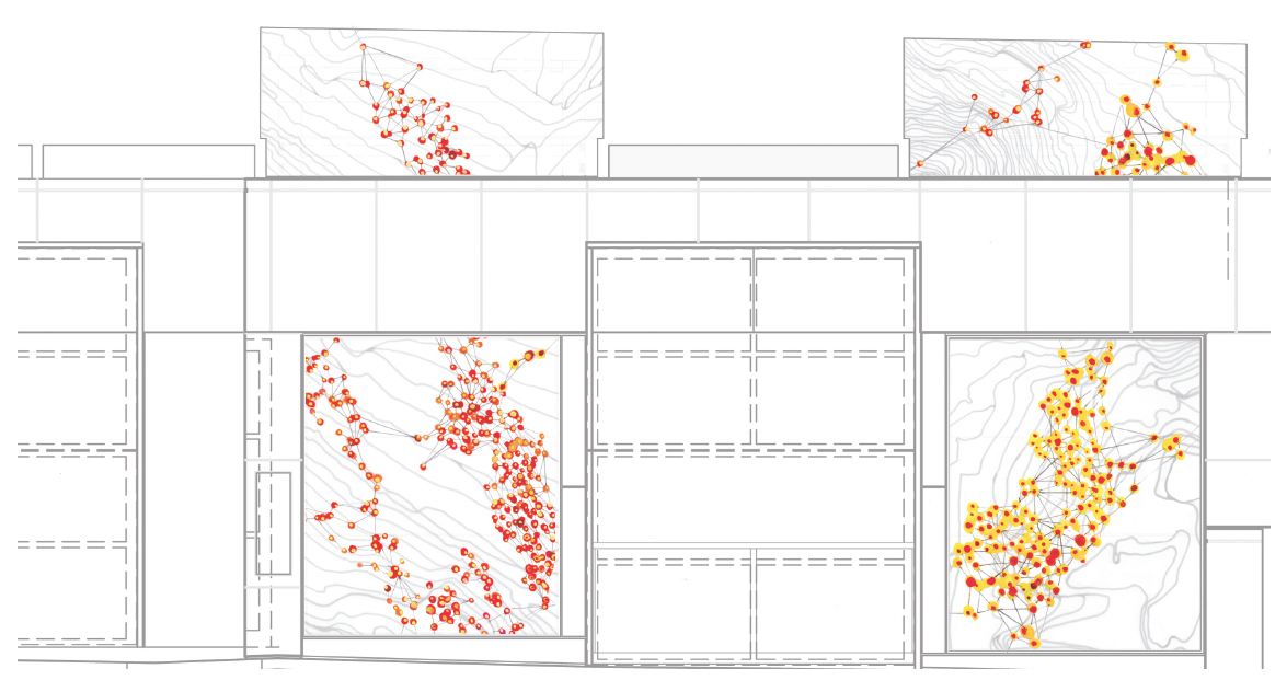  Topographic lines and commute patterns embedded in layers of translucent glass on the elevator doors. (elevation) 