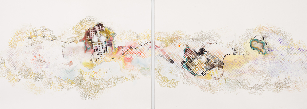  Hughen/Starkweather,&nbsp;Subject to Reclamation (from Shifting Shorelines), Ink, gouache, and pencil on paper, 22x60 in (diptych), 2015 