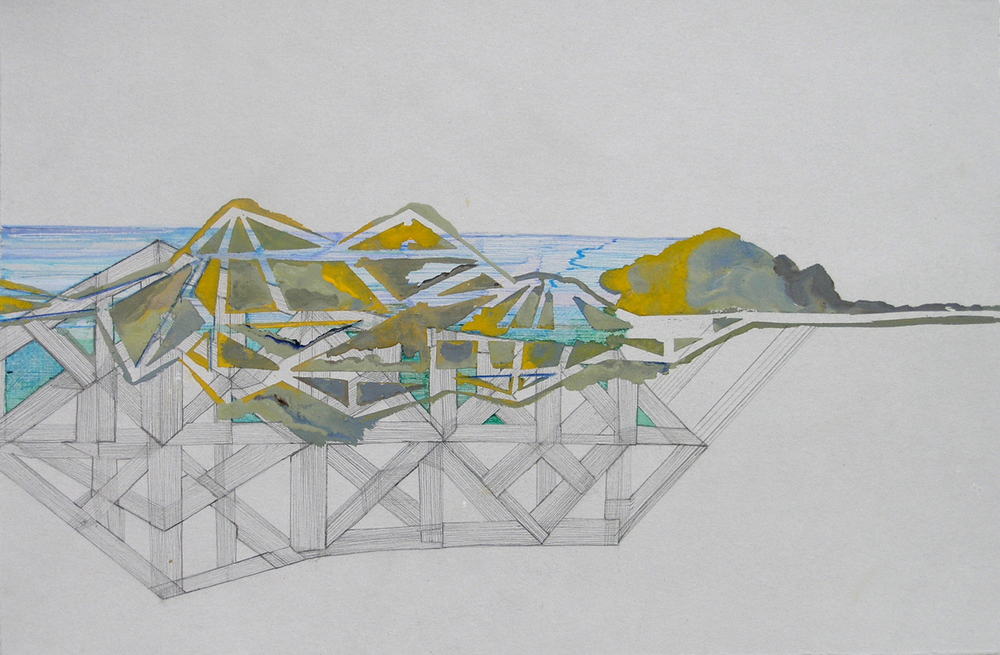   Hughen/Starkweather, Requiem 8 (from the Bay Bridge Project), Gouache, pencil, and ink on paper, 8.25"h x 12 3/8"w, 2013  