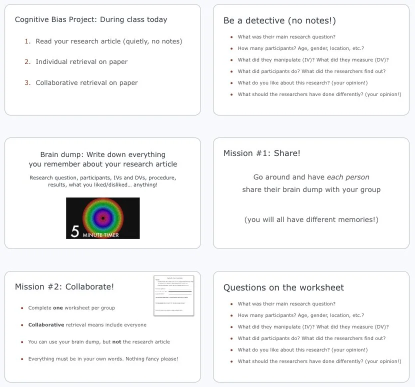 Screenshot of 6 slides from my class with instructions for students about reading a research article, doing a brain dump, sharing in a group, and collaborating on a worksheet