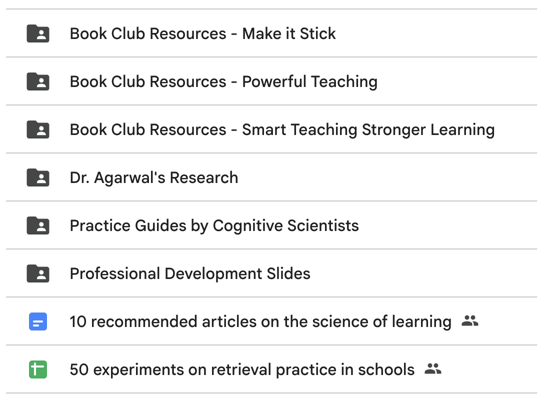 Screenshot of Google Drive folders and documents
