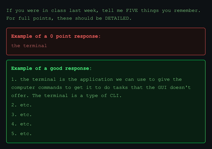 Green text asks the reader to recall info from the previous class meeting with a red textbox with poor quality example and a green textbox with a high quality example below.