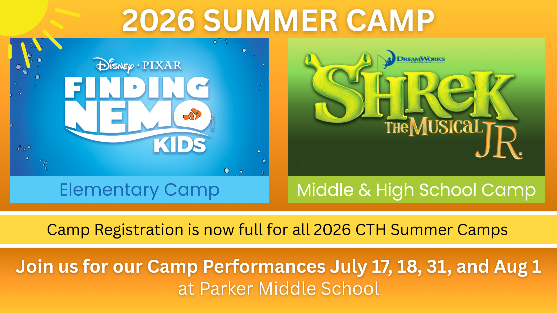 Ad for 2026 Summer Camp performances: July 17, 18, 31, and August 1 at Parker Middle School