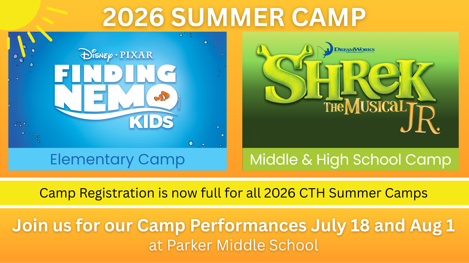2026 Summer Camp registration is now full for all 2026 CTH Summer Camps. Join us for our camp performances July 18 and August 1 at Parker Middle School