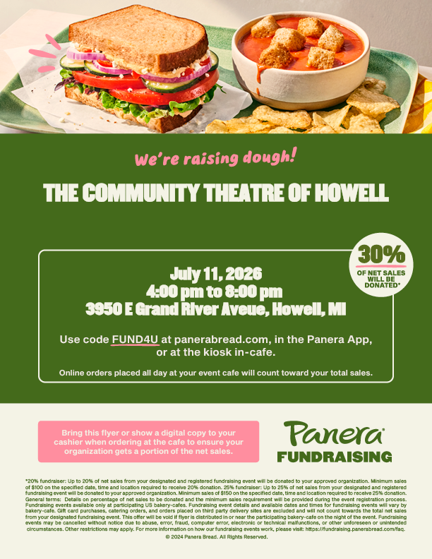 Flyer for CTH Panera Fundraiser on July 11, 4-8 pm at 3950 E Grand River Avenue, Howell, MI. 30% of net sales will be donated to CTH. Use code FUND4U at panerabread.com, in the Panera App, or at the kiosk in-cafe.