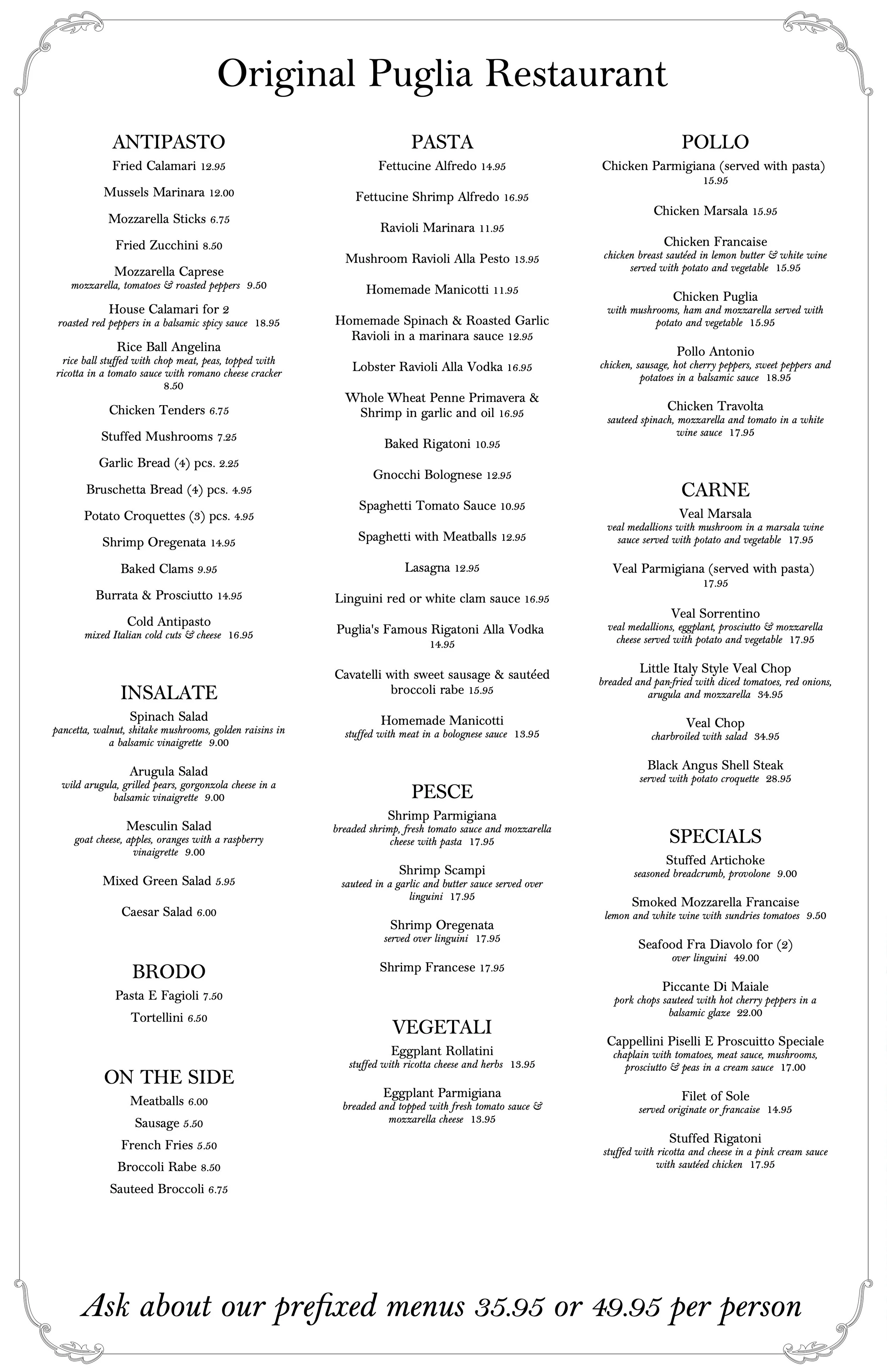 OUTDOOR DINING MENU — Original Puglia