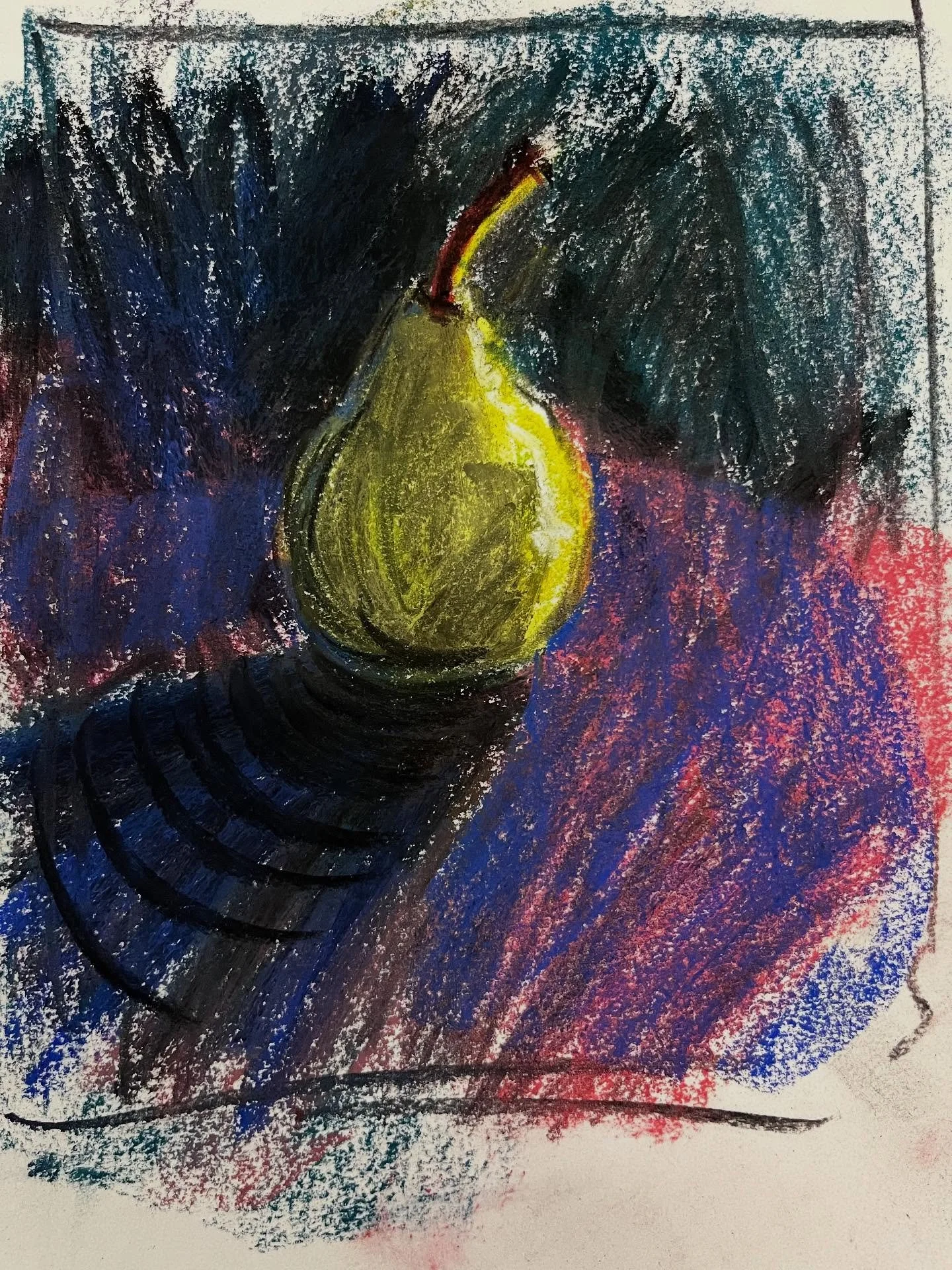 Day 25 #stradaeasel  and I did another demo drawing of a pear in charcoal @flowercityarts . That inspired me to go home this evening and play with pastel on paper by candlelight.