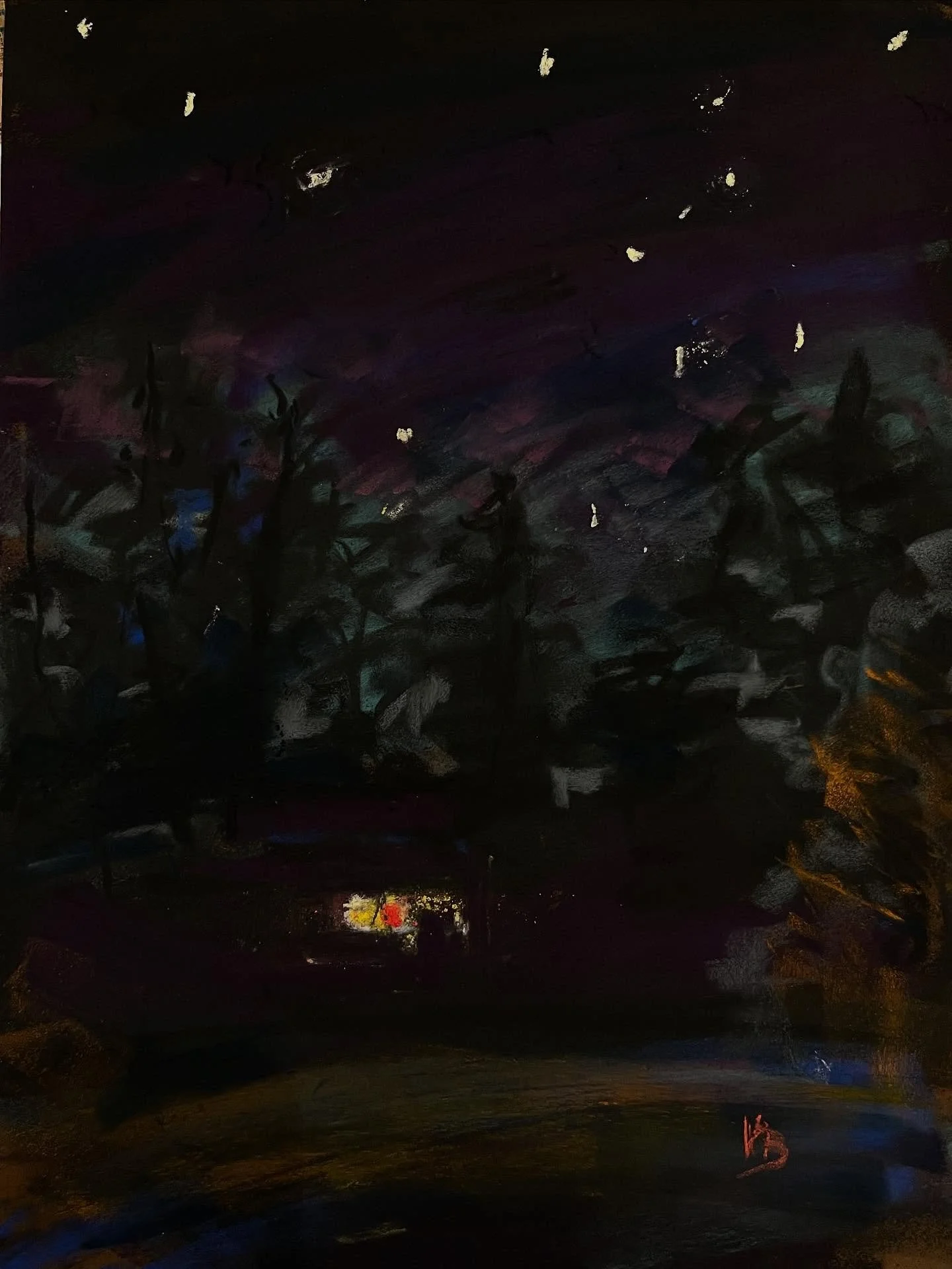 Day 28 #stradaeasel and I painted the early morning sky and stars and the light from the house across the street while sitting on my front steps at 6am. 9 x 12 pastel color study on Canson Velvet paper. #suburbanview