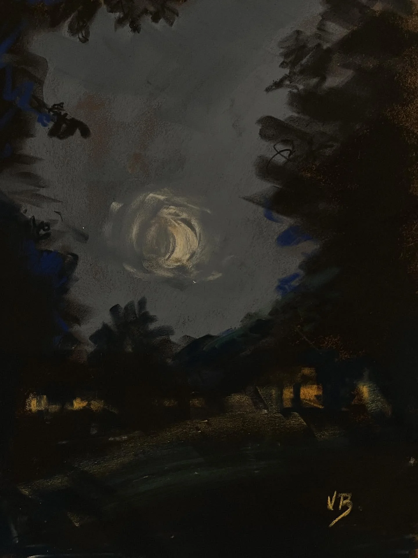 Day 29 #stradaeasel and the overcast sky plus the more-than-crescent moon gave the sky a soft gray tone and the moon looks like fuzz. My 12x9 pastel capture on brown Canson Velvet paper.
