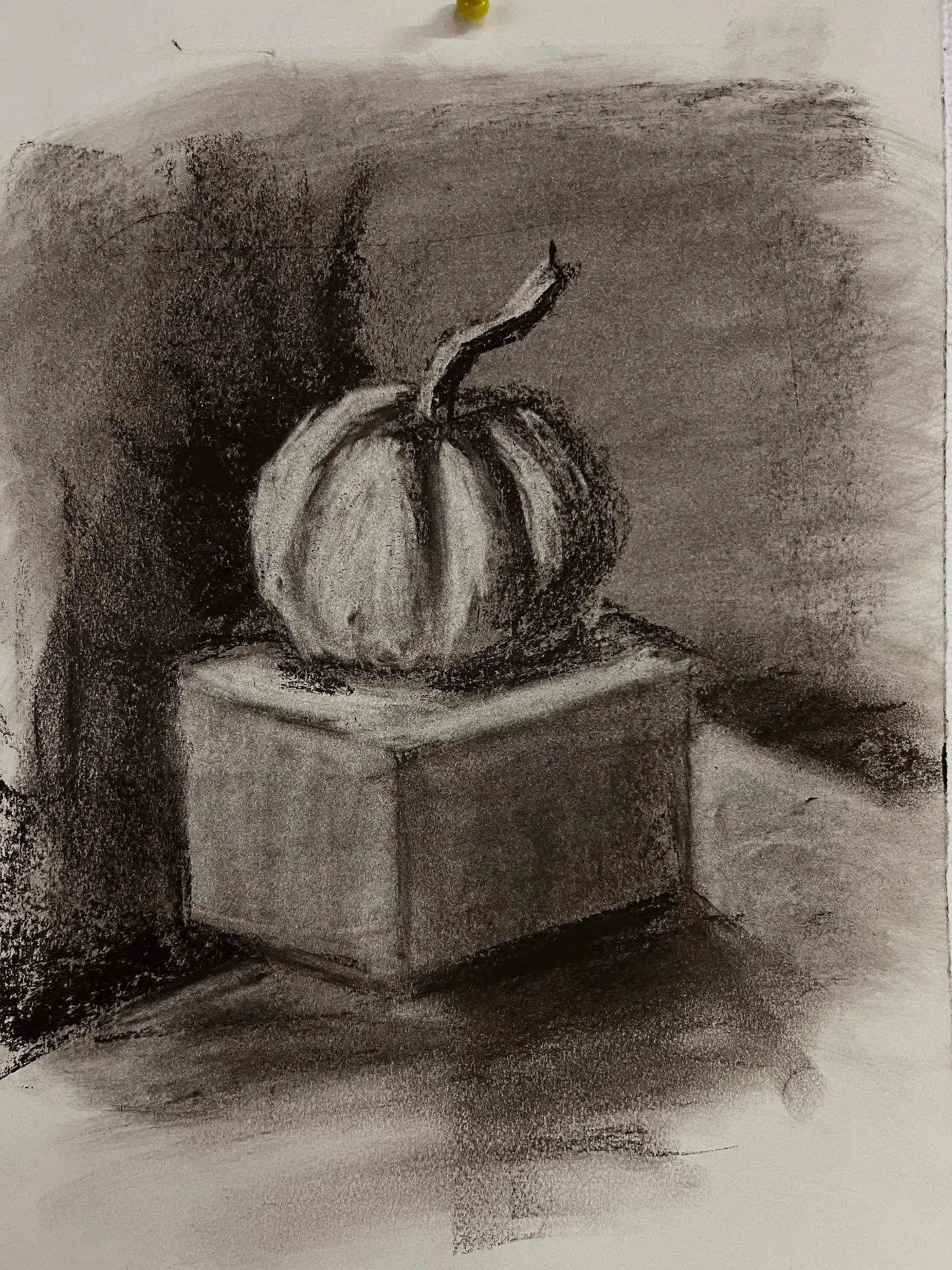 Day 30 #stradaeasel and I had plans for another nocturne but I ended up sketching this fragment of the elaborate fall themed still life I set up @flowercityarts for my drawing students.  This is a charcoal of a mini pumpkin on a block.