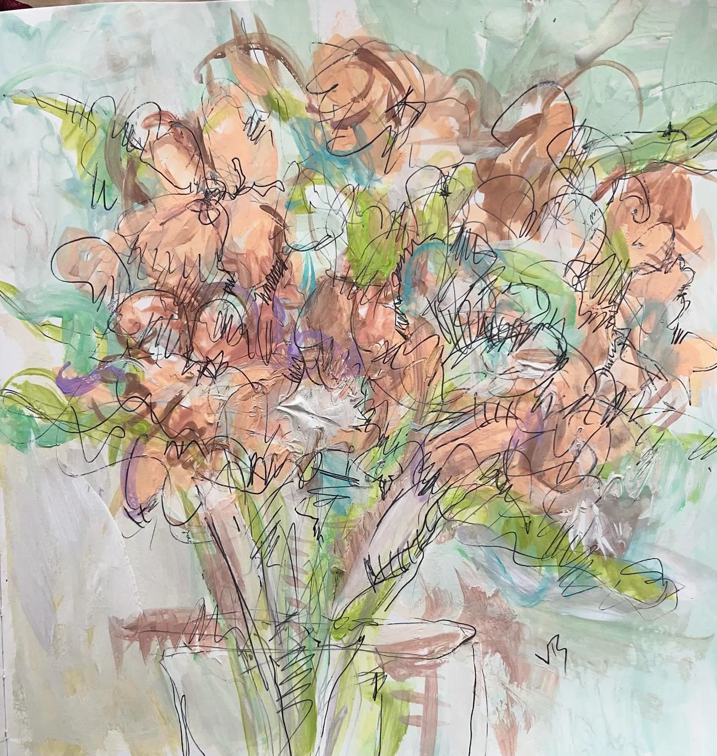 Playing with gouache while gallery-sitting @railroadstreetartworks today. Same bouquet of flowers, two different interpretations. #gouache_painting #allaprimapainting