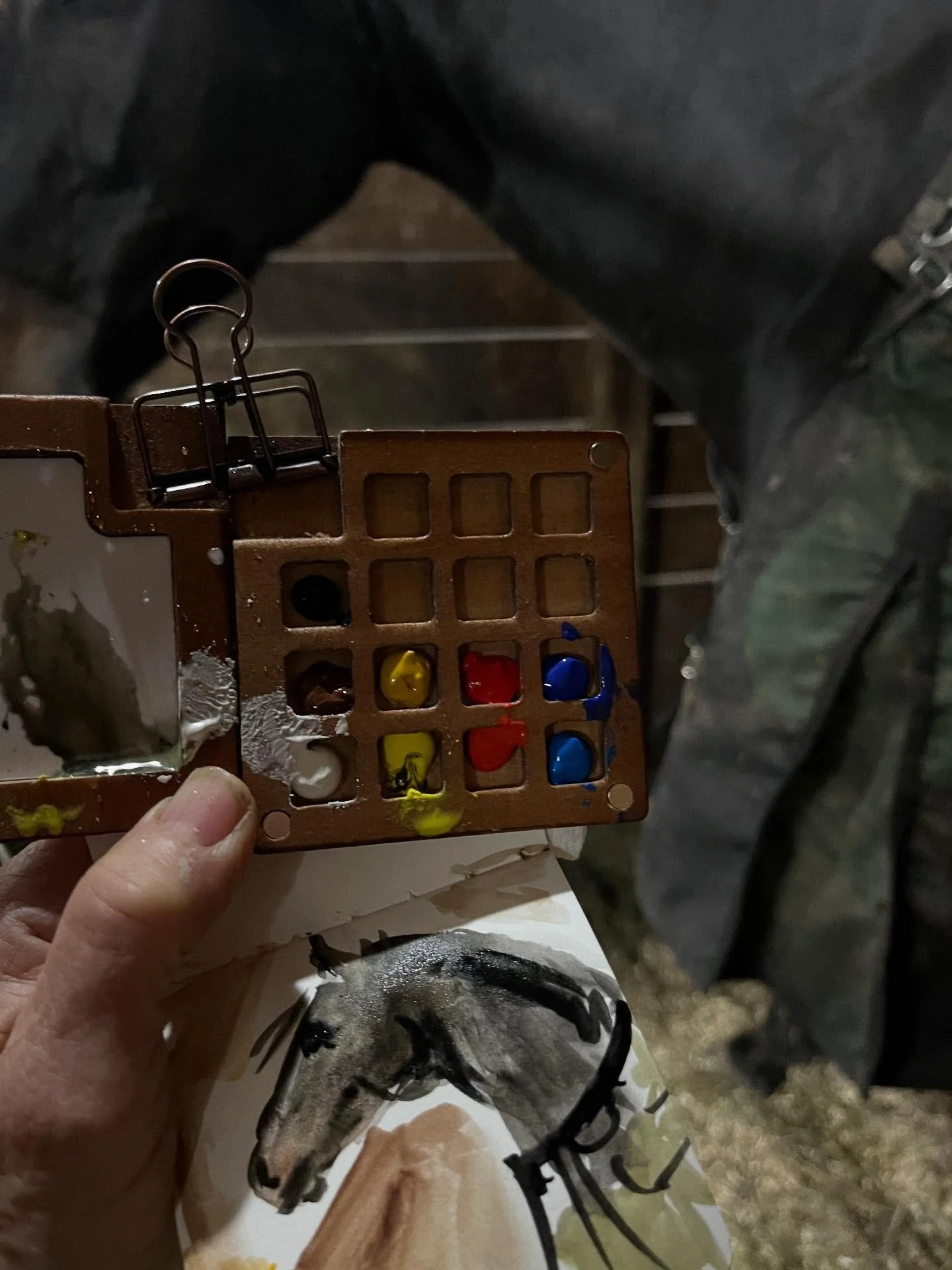 Gouache sketching Thea as she munched hay in her stall. No, she doesn&rsquo;t stay still but it was fun anyway.