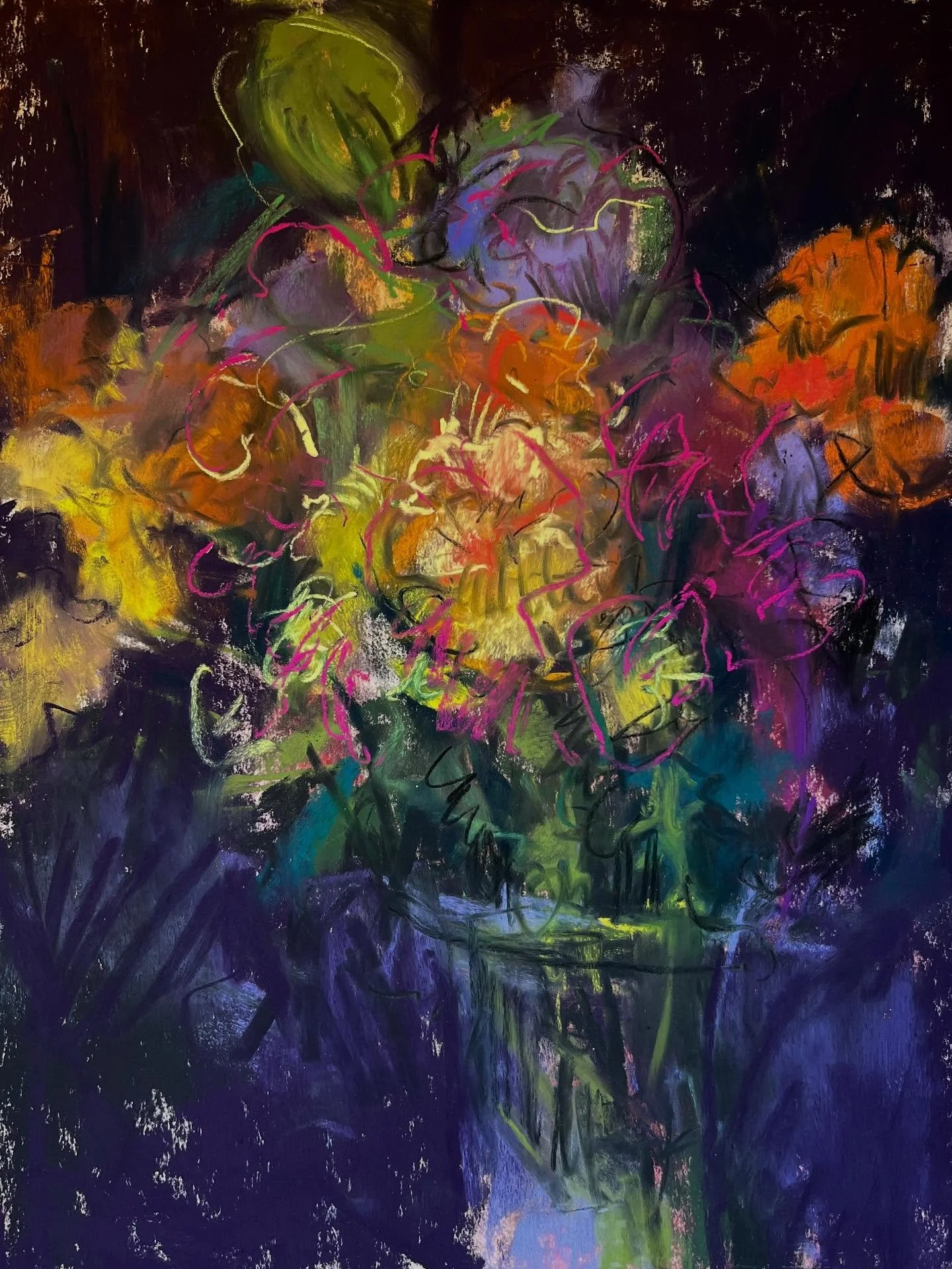 Playing catch up on posts with this pic of a pastel demo of an alcohol wash underpainting from last week&rsquo;s intermediate pastels class @flowercityarts. This 9x12 piece on sanded surface is called &ldquo;Last Week&rsquo;s Flowers.&rdquo;