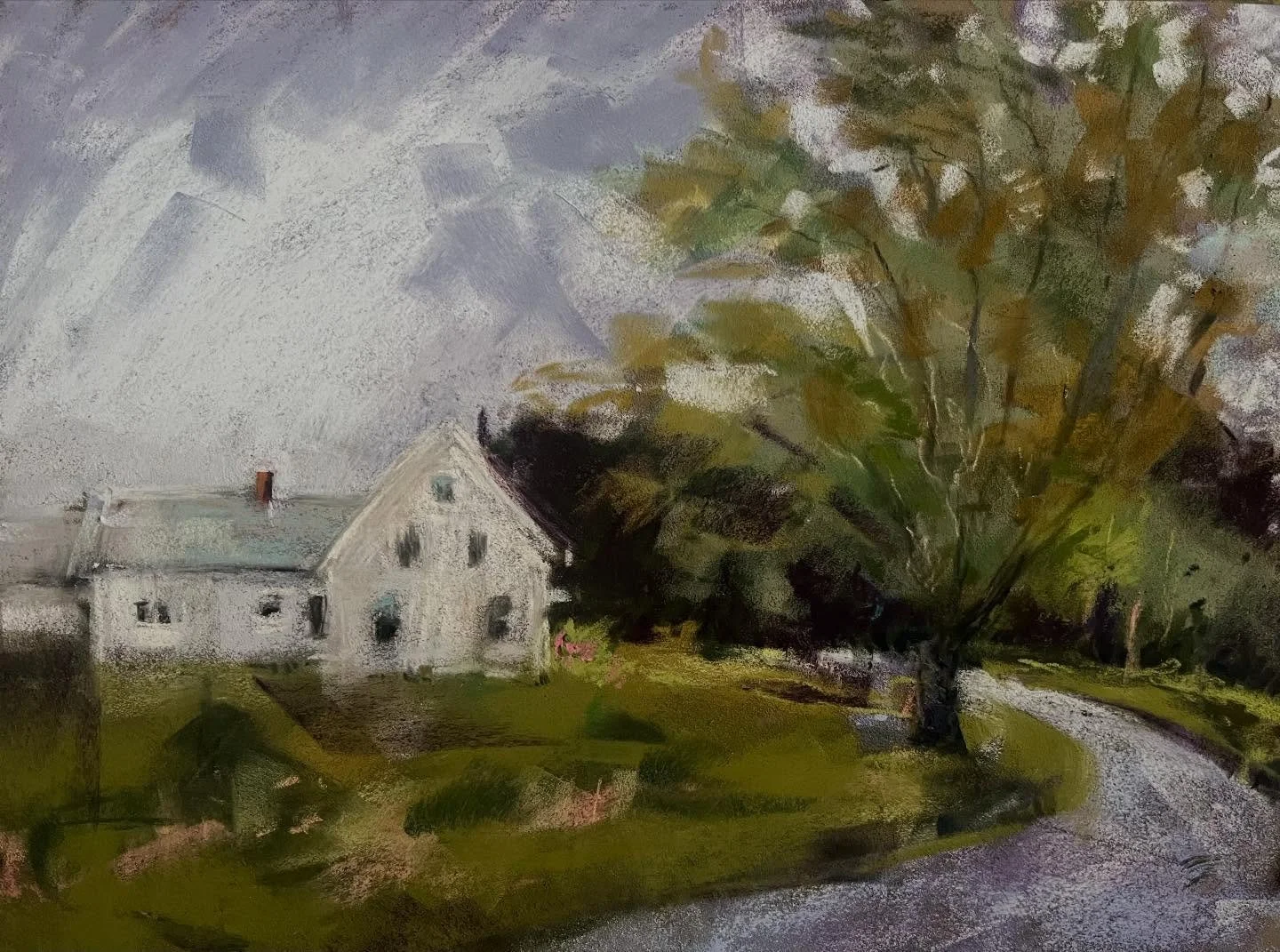 In August 2024 I started a Plein air oil of this #westbrooksvillemaine house but I was rained out. The other day I painted it in pastels using my Plein air piece as my reference&mdash; just for fun. This is 12x9.