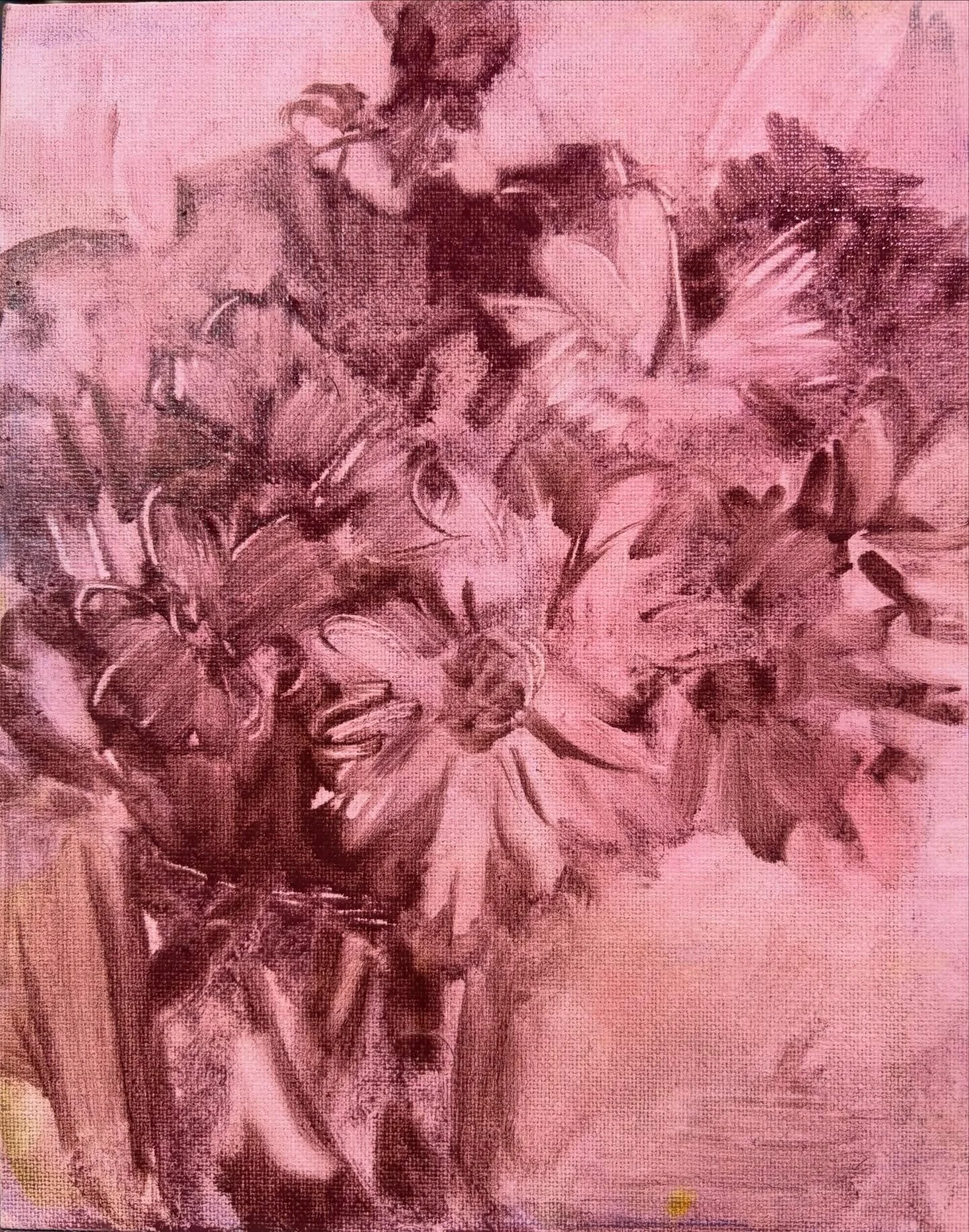 Day 2 #stradaeasel Today I started with a pencil sketch , and then blocked in this 8 x10 underpainting in oil. Tomorrow I&rsquo;ll add the color. #dailypainting #womenartists #paintfromlife #flowerpainting