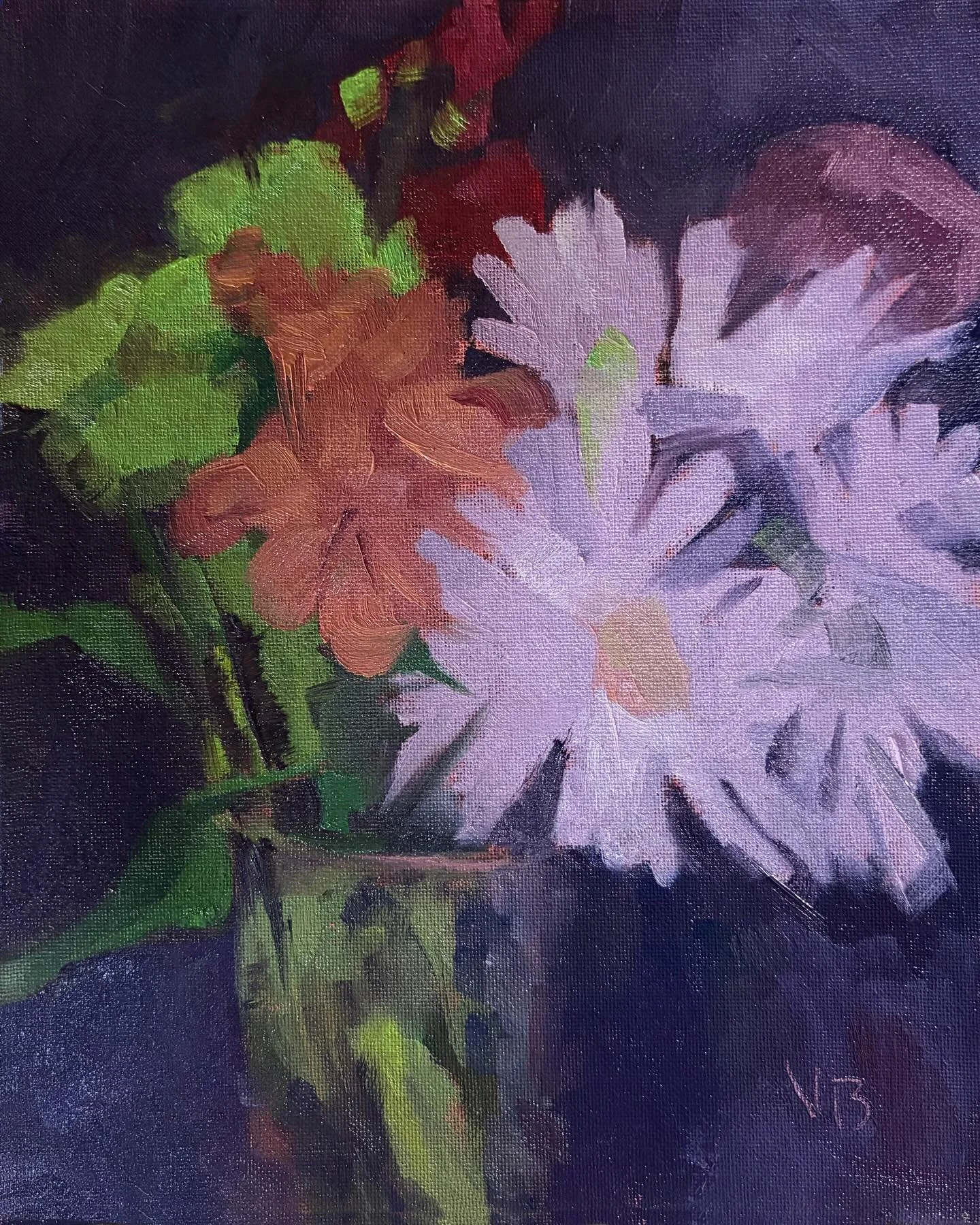 Day 5 #stradaeasel and here is today&rsquo;s variation on the same flowers, another 8x10 oil (pardon the glare). Changed out the background for purple and my goal was to mass and simplify.  #dailypainting #womenartists #paintfromlife