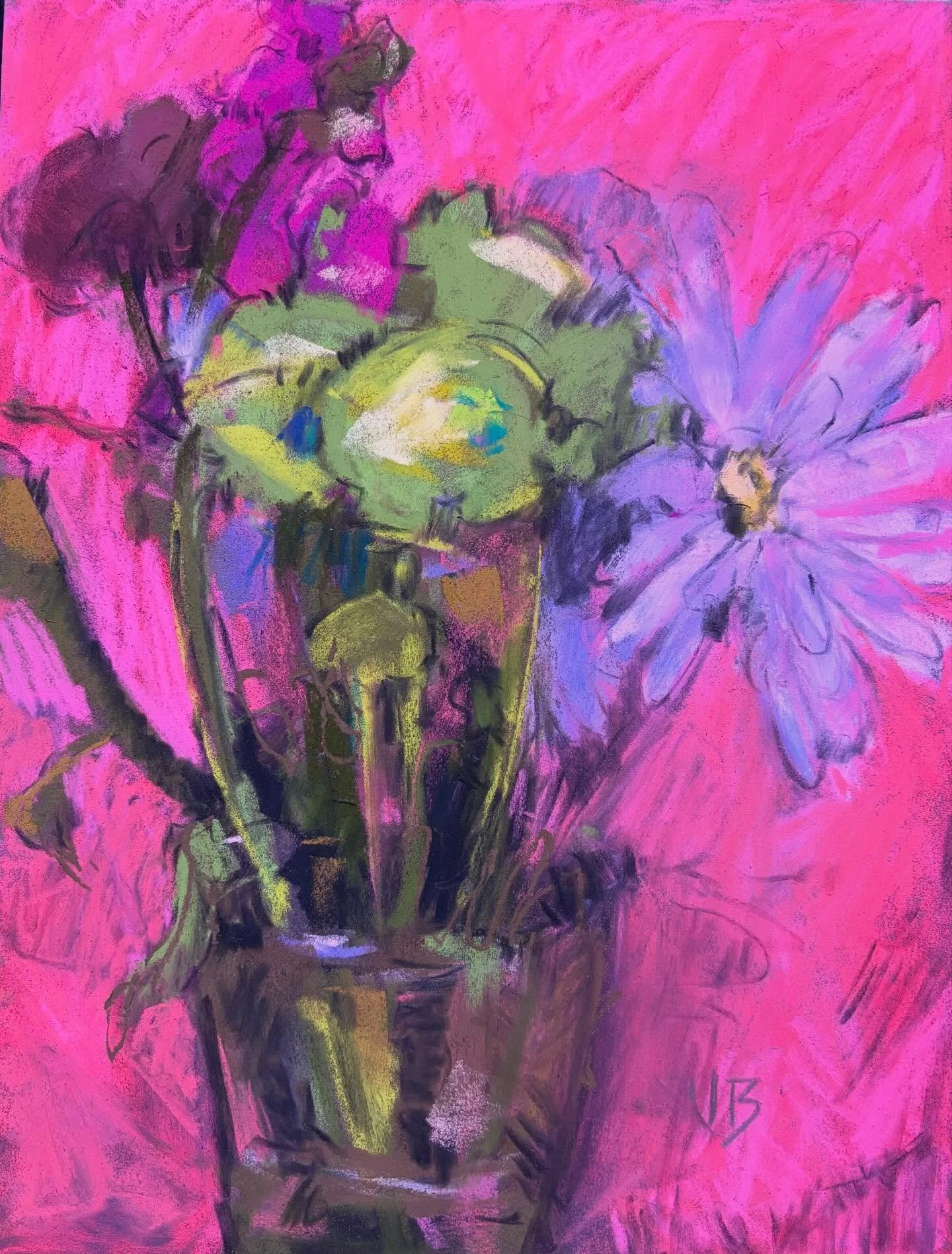 Day 6 #stradaeasel and I flipped the flower arrangement and changed the background color. This is today&rsquo;s 9x12 pastel of those grocery store flowers, still going strong. #allaprima #womenartists #dailypainting