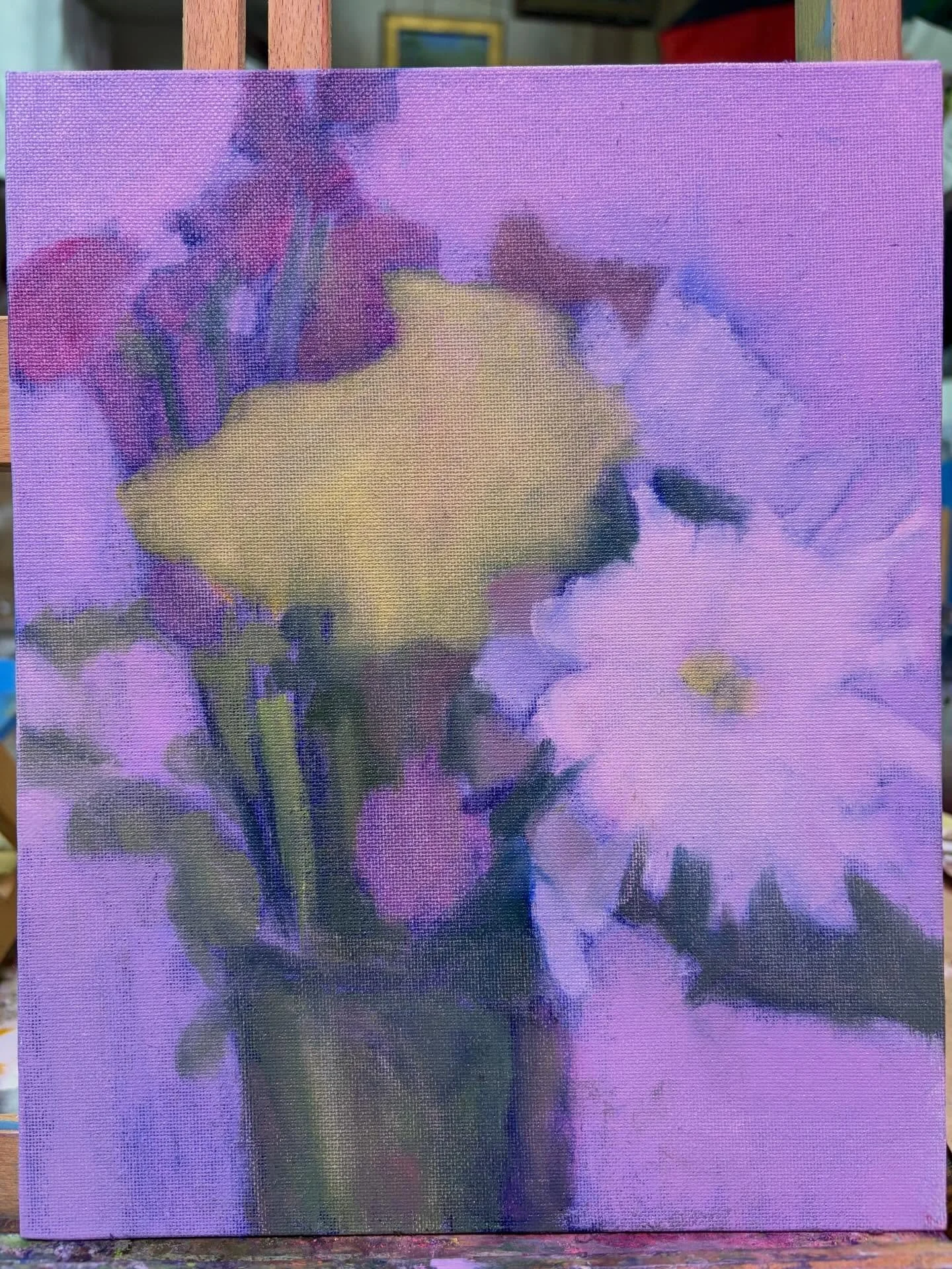 Day  8 #stradaeasel Here is today&rsquo;s start, another 8x10 oil of those $5 flowers. I&rsquo;m experimenting with indirect painting instead of an alla prima technique. I may have to come back to this in a few days when this layer dries a bit. But w