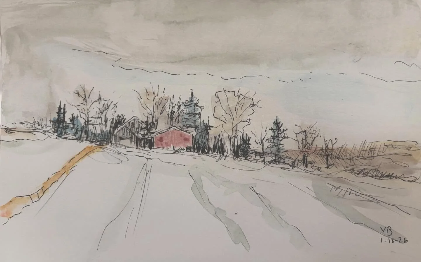 Day 18 #stradaeasel and I saw this scene in Penfield, parked, and sketched it with fine line pens &mdash; then  added a little watercolor. From my car, for those who want to know! Disappearing Farmland. #inkandwatercolor #dailyart