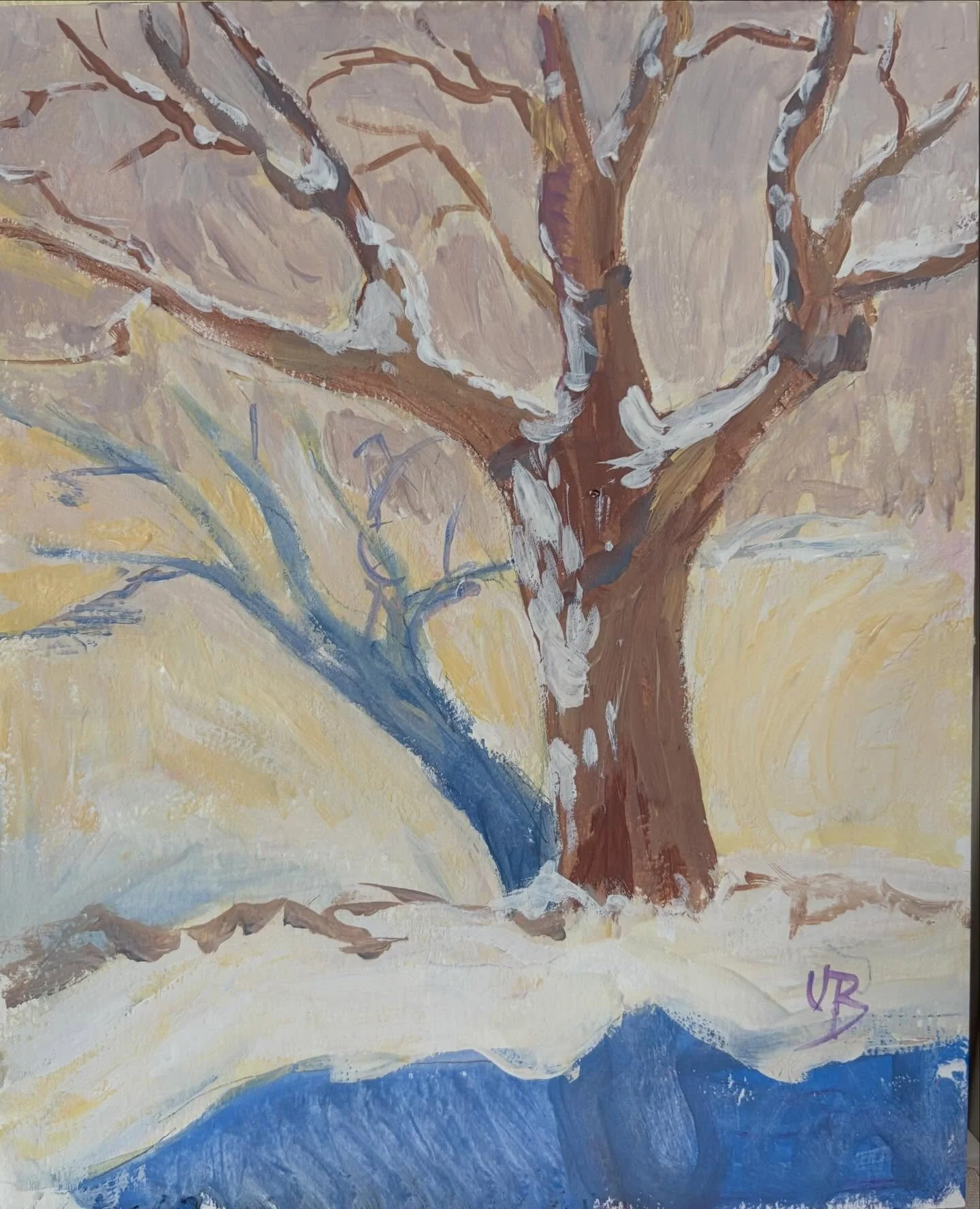 Day 24 #stradaeasel and the view from my kitchen window enticed me - all that sunlight! 8x10 gouache on mounted cold press. #allaprimapainting #treepainting