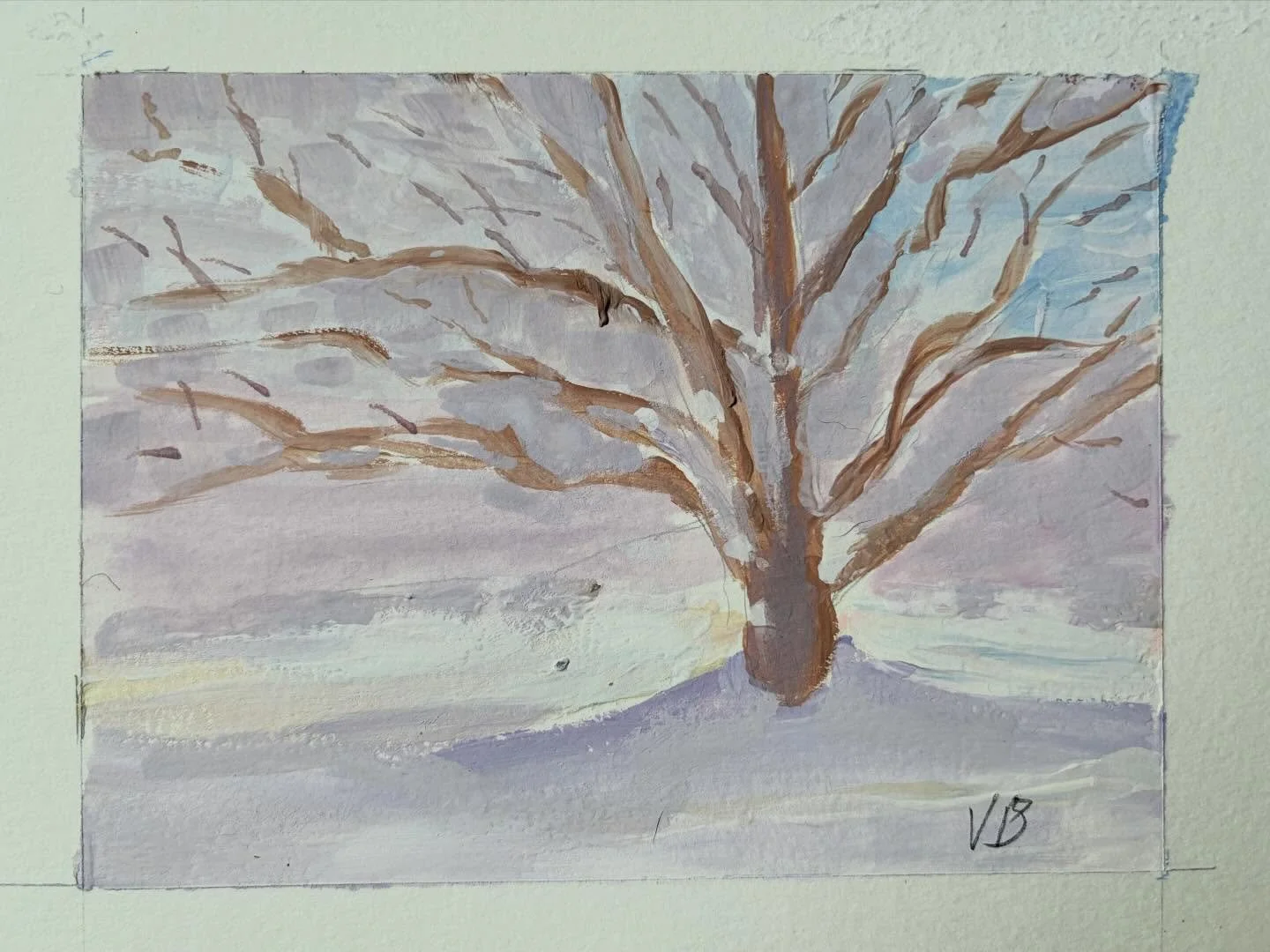 Day 30 #stradaeasel and the light on the snow was golden one moment and gray the next. This is my gouache study of the view from my living room. #allaprima #gouache