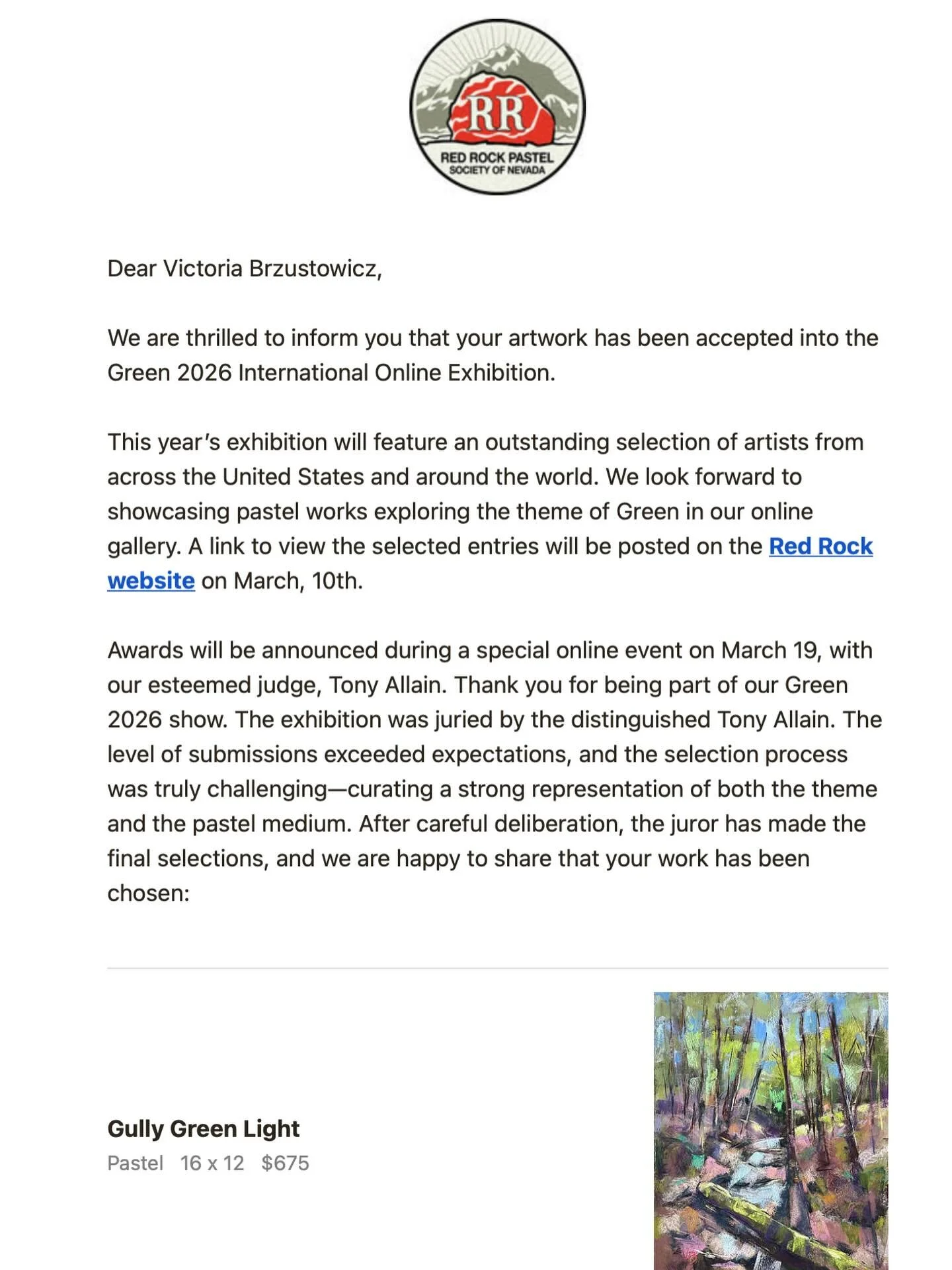 I am thrilled that my painting, Gully Green Light was accepted into the Green 2026 International Online Exhibition. A link to the online show is in the comments below!