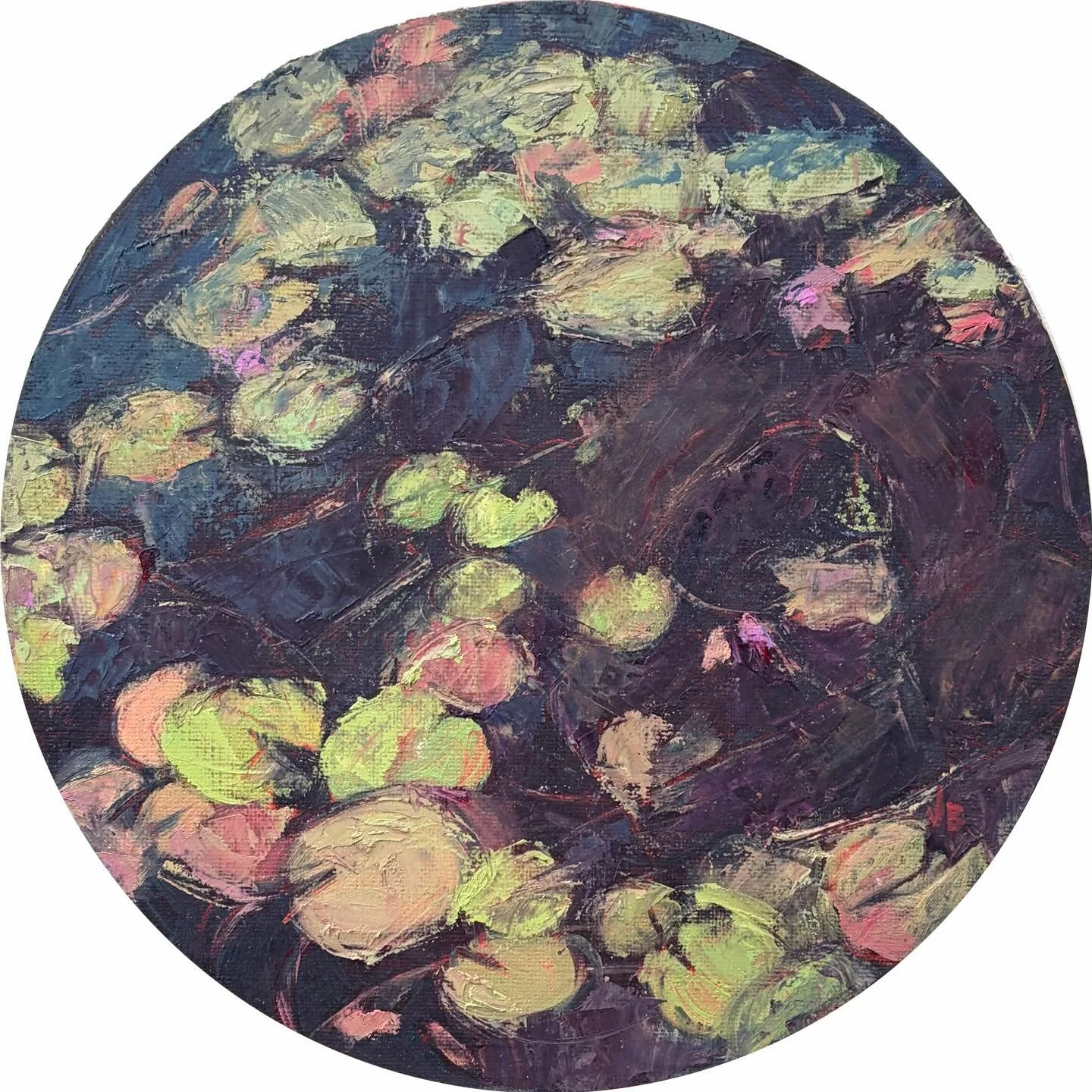 Here is a first for me &mdash; an oil painting in a tondo format. This is 10&rdquo; in diameter titled Lily Pond Tondo. It was a fun exploration and I plan to revisit this format in the future.  #