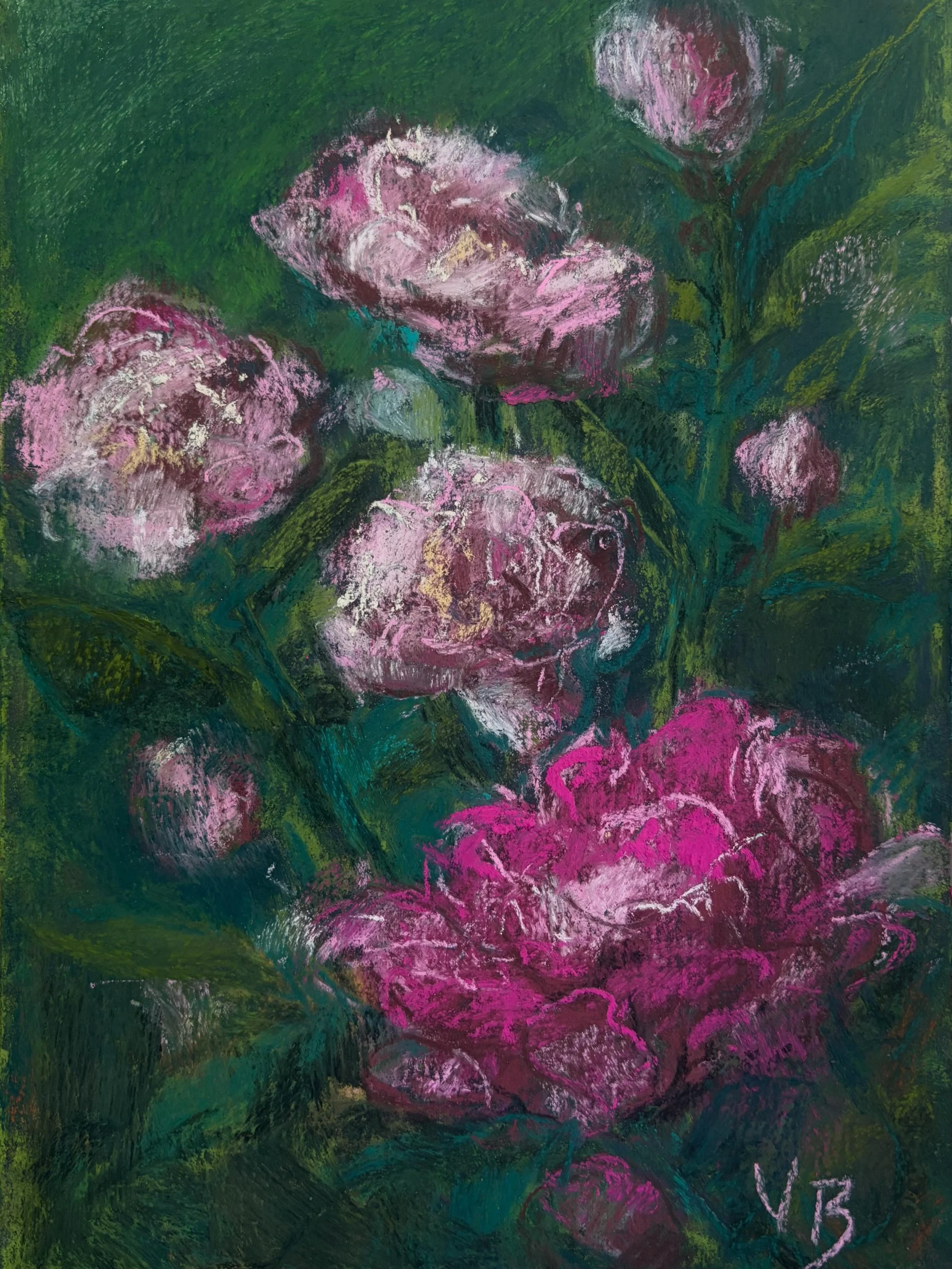Here is my plein air study of peonies painted yesterday evening in the most lovely of gardens. Pastel, 7.5 x 10.