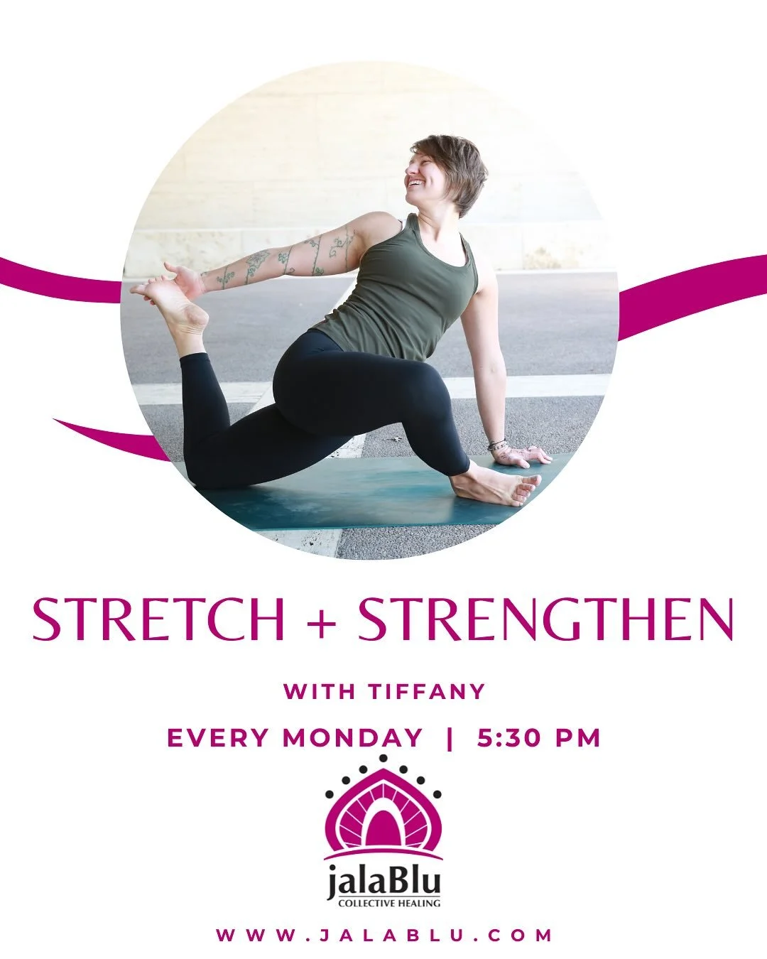 All new classes are flowing this week into jalaBlu! 🌀🩷
Our schedule is full of fresh energy, inspired teachers, and soulful offerings to help you move, breathe, and connect!

✨ Mondays 5:30 PM  Stretch and Strengthen with Tiffany Denny @tiff_explor