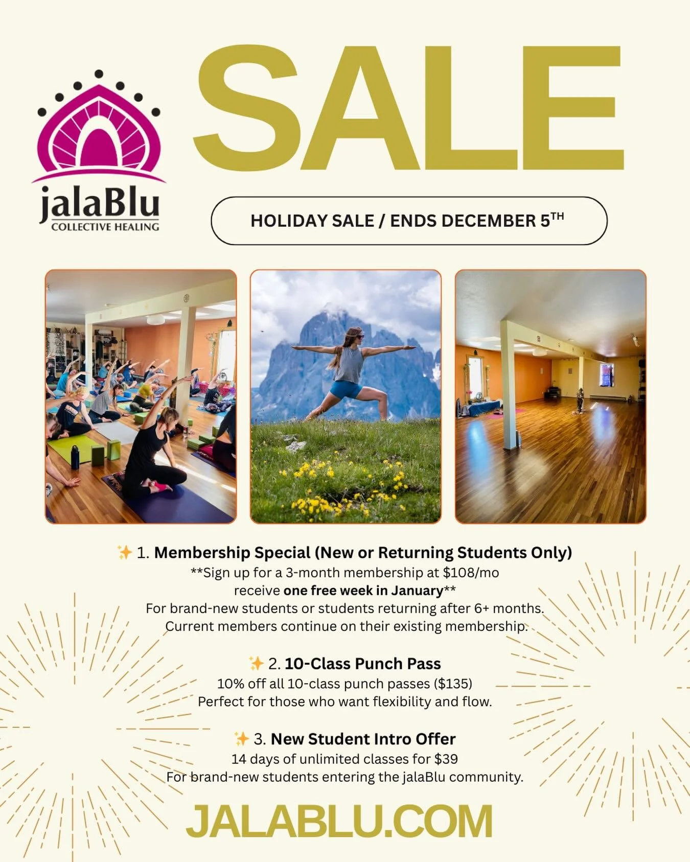 Cosmic jalaBlu Black Friday / Holiday Invitation

For 16 years&hellip;soon 17! jalablu has been a luminous thread in this mountain community of @buenavistacolorado 

A place where breath, presence, devotion, and wild-hearted authenticity have been te
