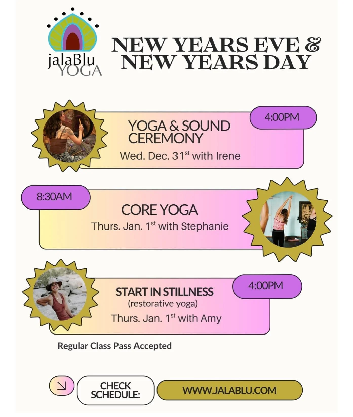 We have some FANTASTIC jala offerings to cross over into 2026!  Join us New Years Eve with @irene.humanconsciouness (Yoga &amp; Sound Ceremony) and New Years Day with @stephaniemhelm (Core Yoga) OR &hellip; AND &hellip; @amyhardwickyoga with Start In