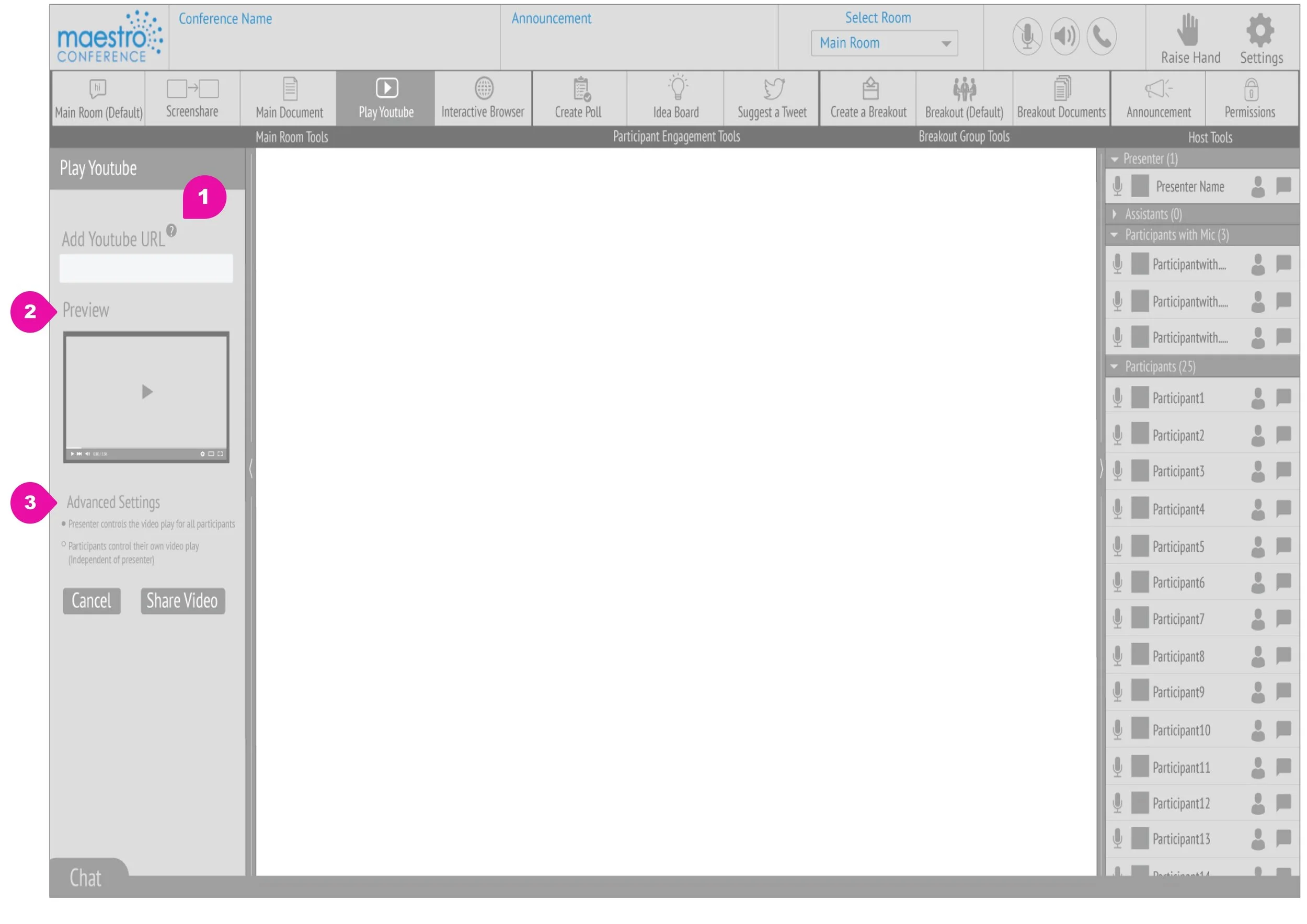 Presenter's screen while Play YouTube Video tool is active - wireframe by Ariana Lum.