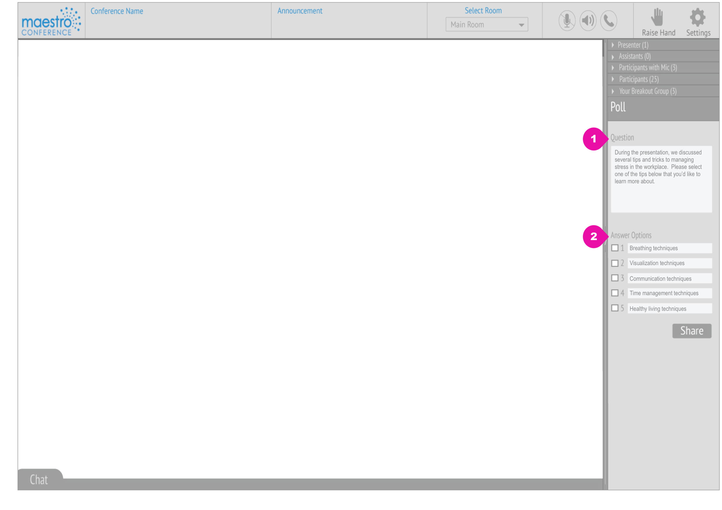 Participant's screen while a Poll is active in the lower right section. Wireframes by Ariana Lum.