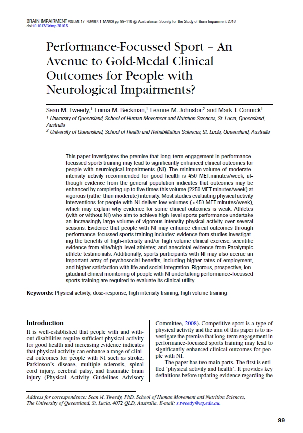 Performance-Focussed Sport – An Avenue to Gold-Medal Clinical Outcomes for People with Neurological Impairments?