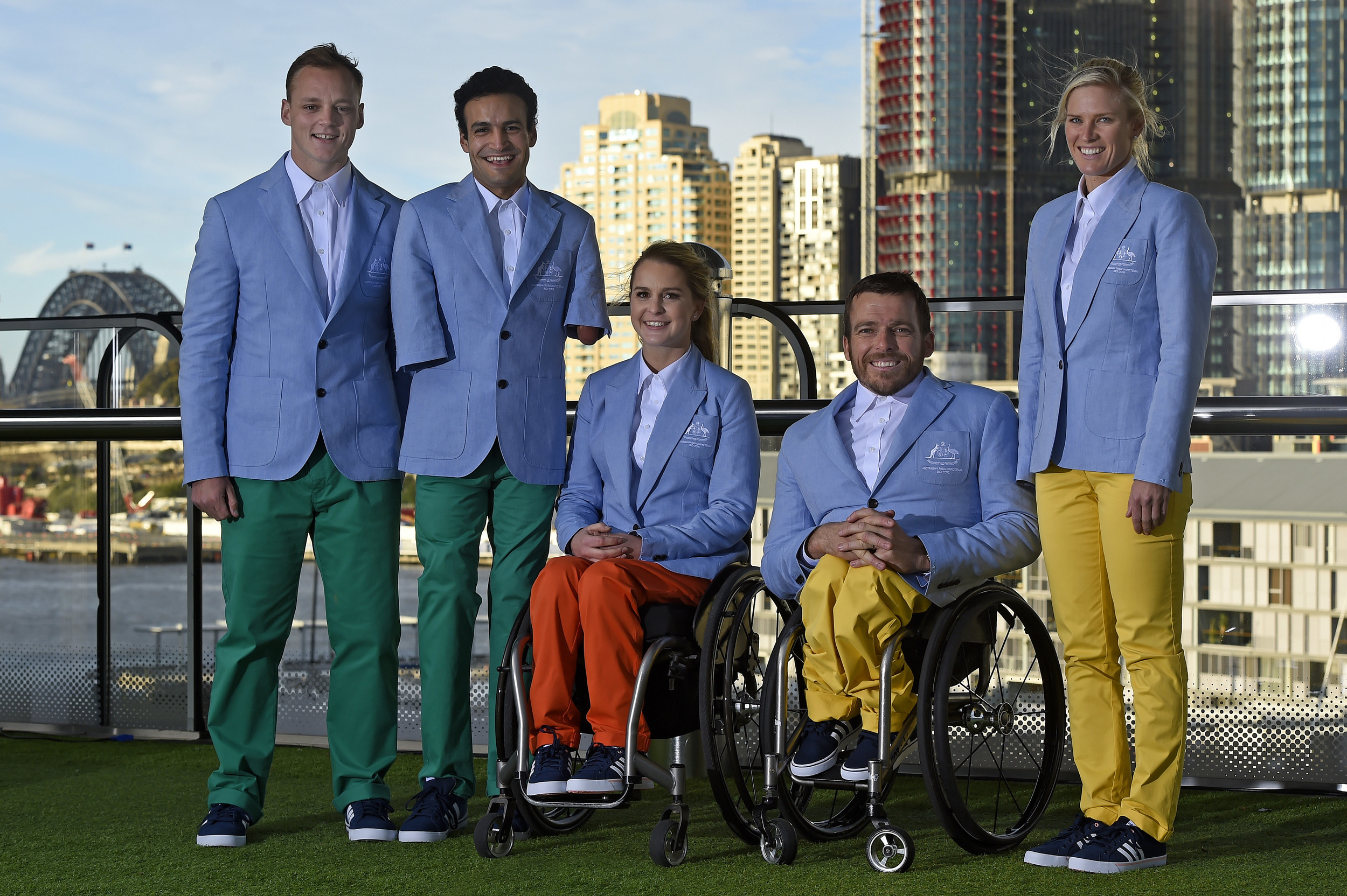 Ceremonial wear L-R - Jayden Sawyer (athletics), Ahmed Kelly (athletics), Emma Booth (equestrian), Kurt Fearnley (athletics), Kate Doughty (Paratriathlon)