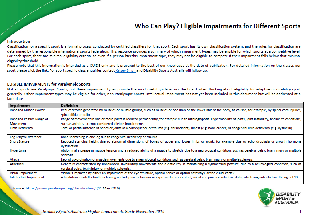 Disability Sports Australia Eligible Impairments Guide