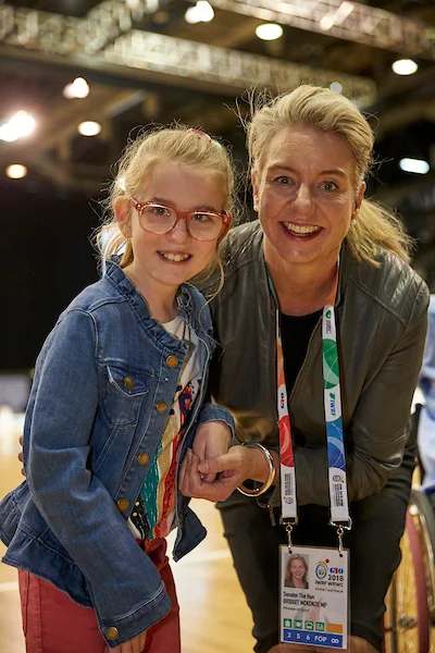Emily Prior (left), DSA’s newly announced Youth Ambassador with Senator the Hon. Bridget McKenzie, Federal Minister for Sport (right) at the Opening Ceremony of the GIO 2018 IWRF Wheelchair Rugby World Championship