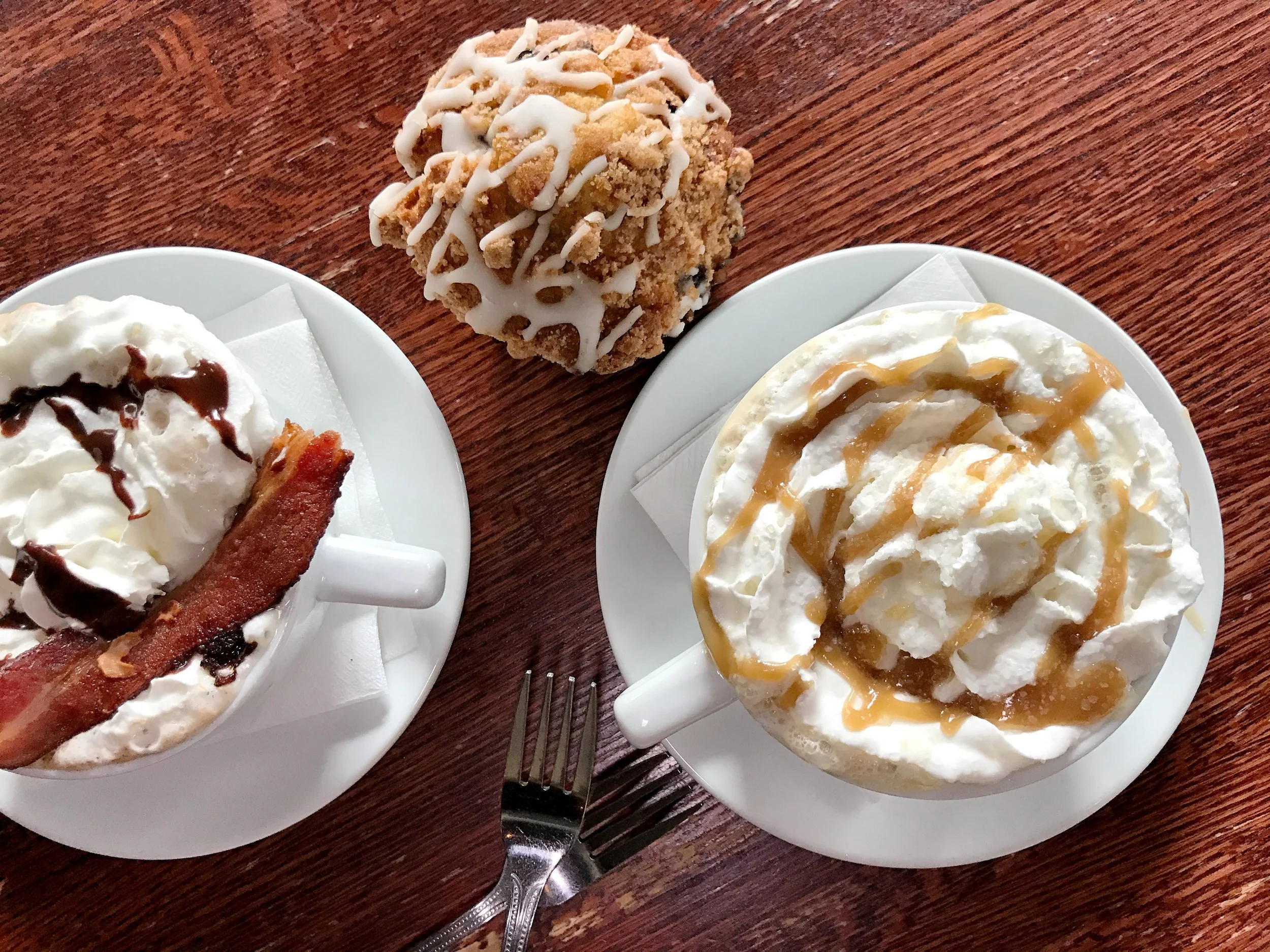 (L to R) Nutella Mocha Latte, Blueberry Banana Yogurt Muffin, Salted Caramel Mocha Latte