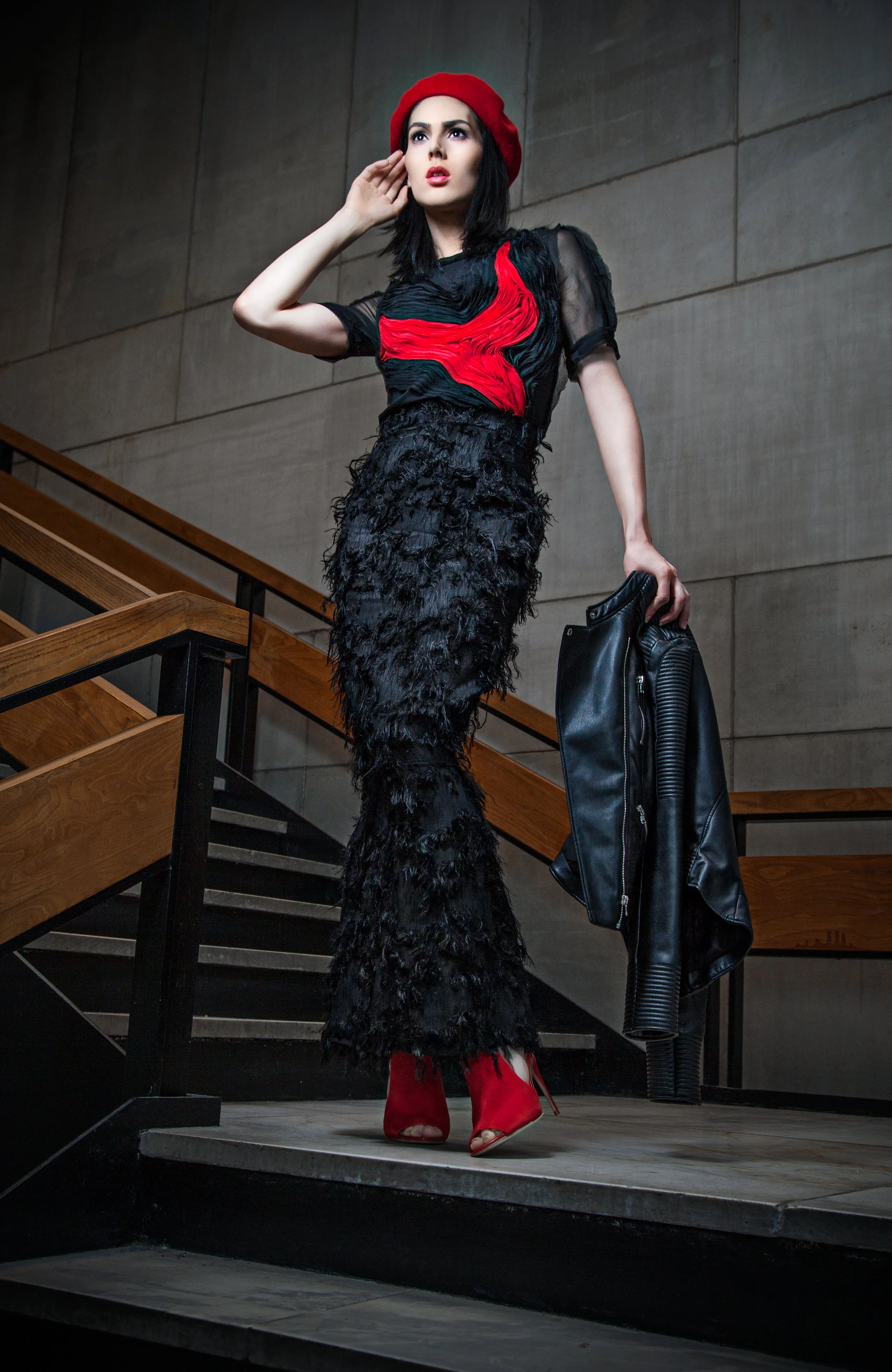  Abstract Heart Blouse + Black Feathery Pillar Skirt by Kate Stoltz @katestoltz Red beret and leather jacket courtesy of Style Team Member Lee-Ann Laville; Red shoes by Steve Madden