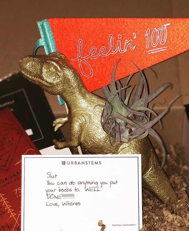 True love. Came home to find  this box of treasures from my favorites on the occasion of me finally finishing school. (Graduation June 28th!) Dino + air plant, feelin&rsquo; 💯 banner, fancy dark chocolate bar, and a sketchbook for my purse. 
They kn